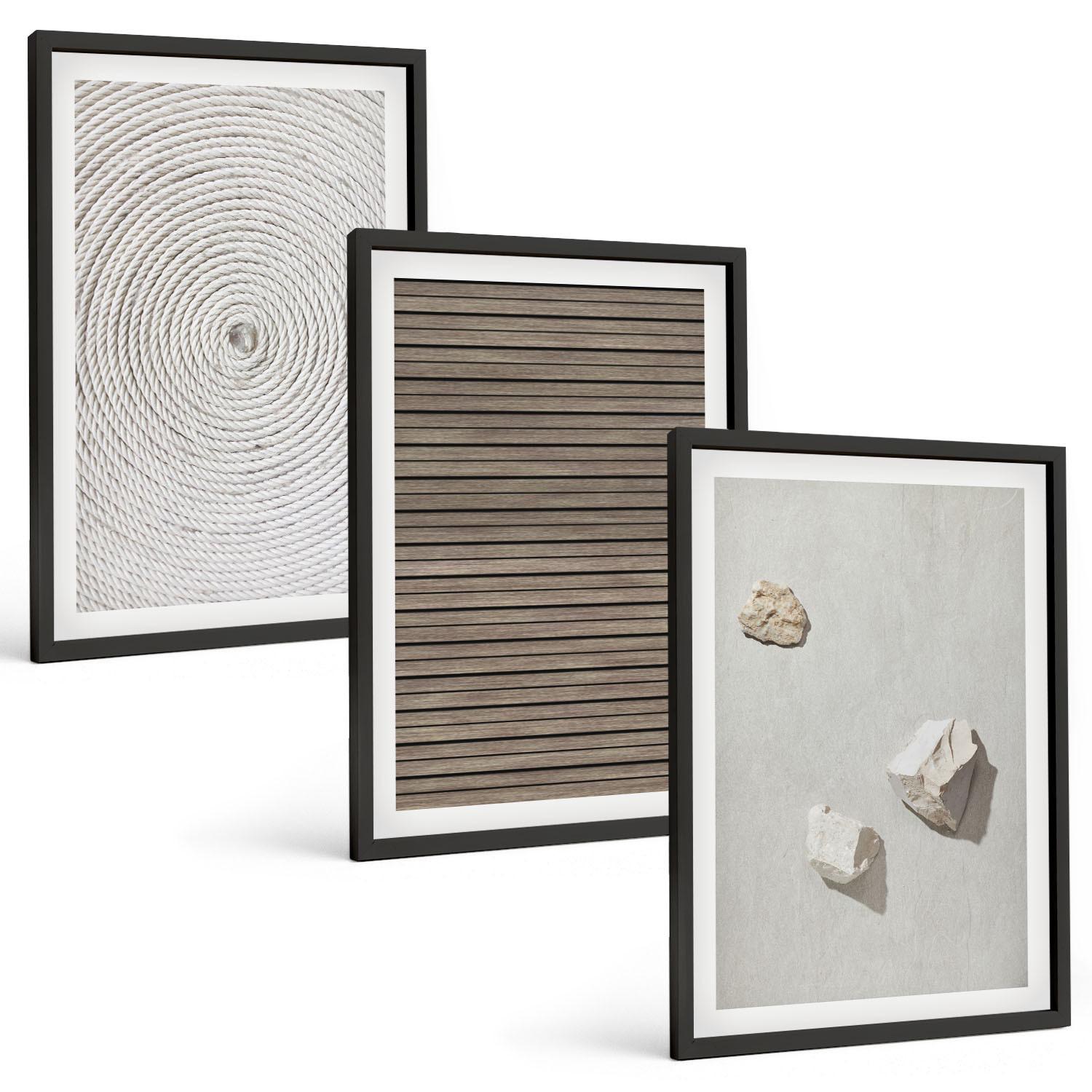 BILDER SET 3er Set - 40x60 cm Schwarzer Rahmen - Natürliche Texturen Holz Stein - Schwarz, Kunststoff (40/60cm) - TULUP