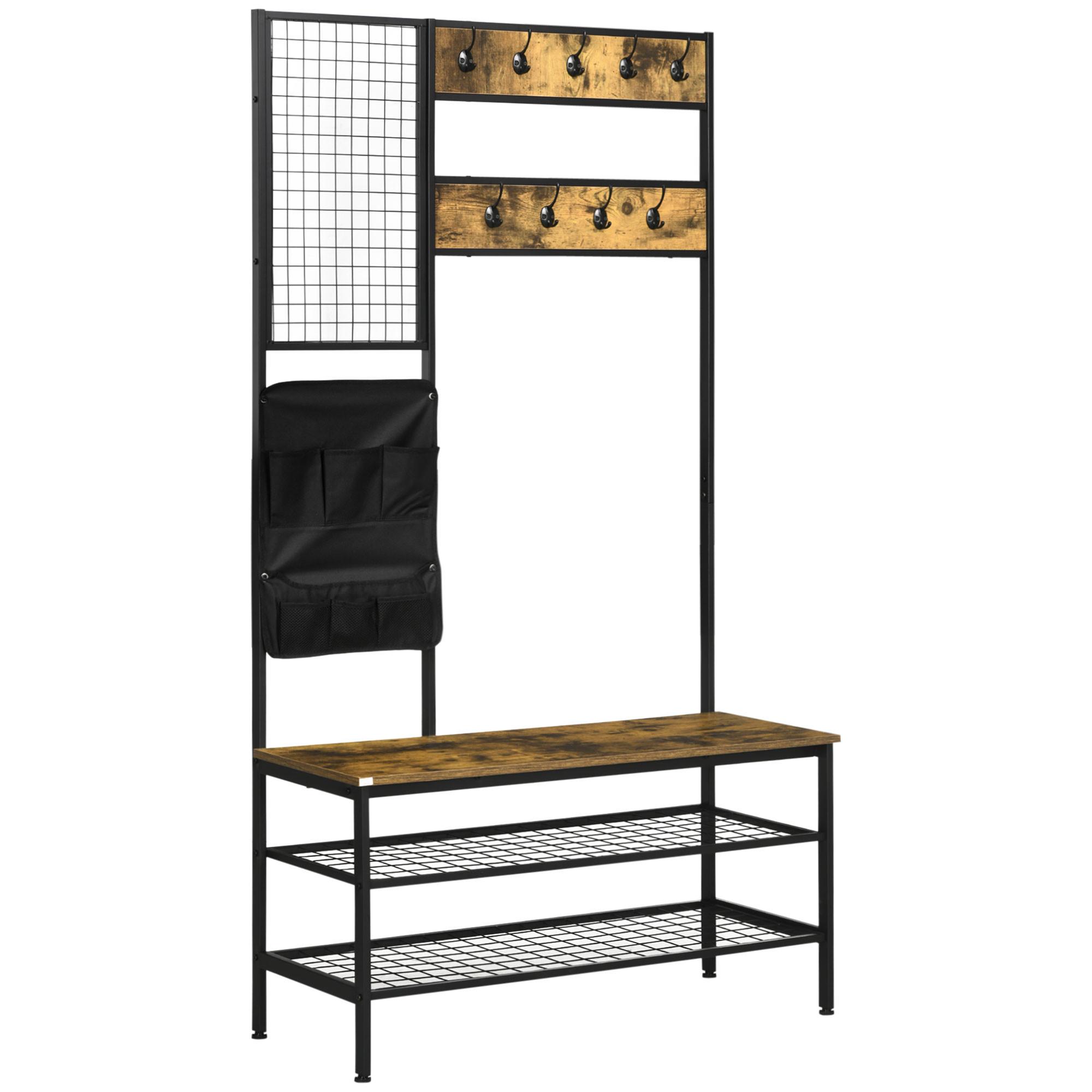 GARDEROBENSTÄNDER, Garderobe, Kleiderständer mit Haken, Schuhregal Stahl Braun - Braun, Metall (40/185/100cm) - HOMCOM