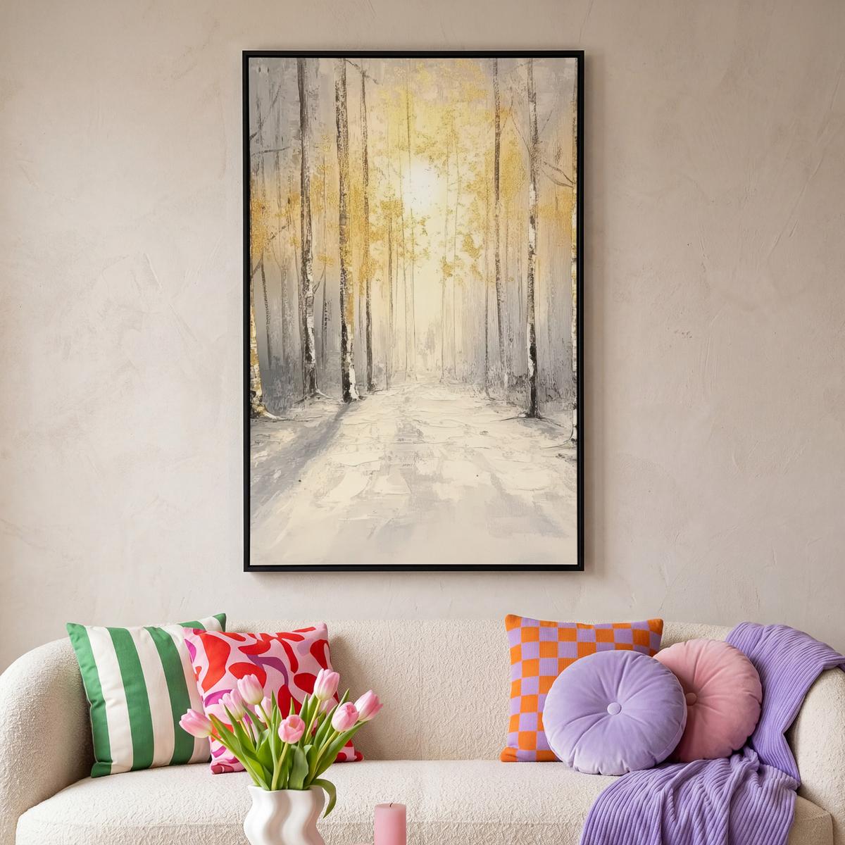 LEINWAND Bilder mit Rahmen - Winter - Abstrakt - Schnee - Natur - Sonne - 90x140 - Grau, Textil (90/140cm) - MuchoWow