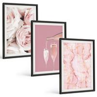 BILDER SET 3er Set - 40x60 cm Schwarzer Rahmen - Champagnerfarbene Rosen, Marmorhintergrund - Schwarz, Kunststoff (40/60cm) - TULUP