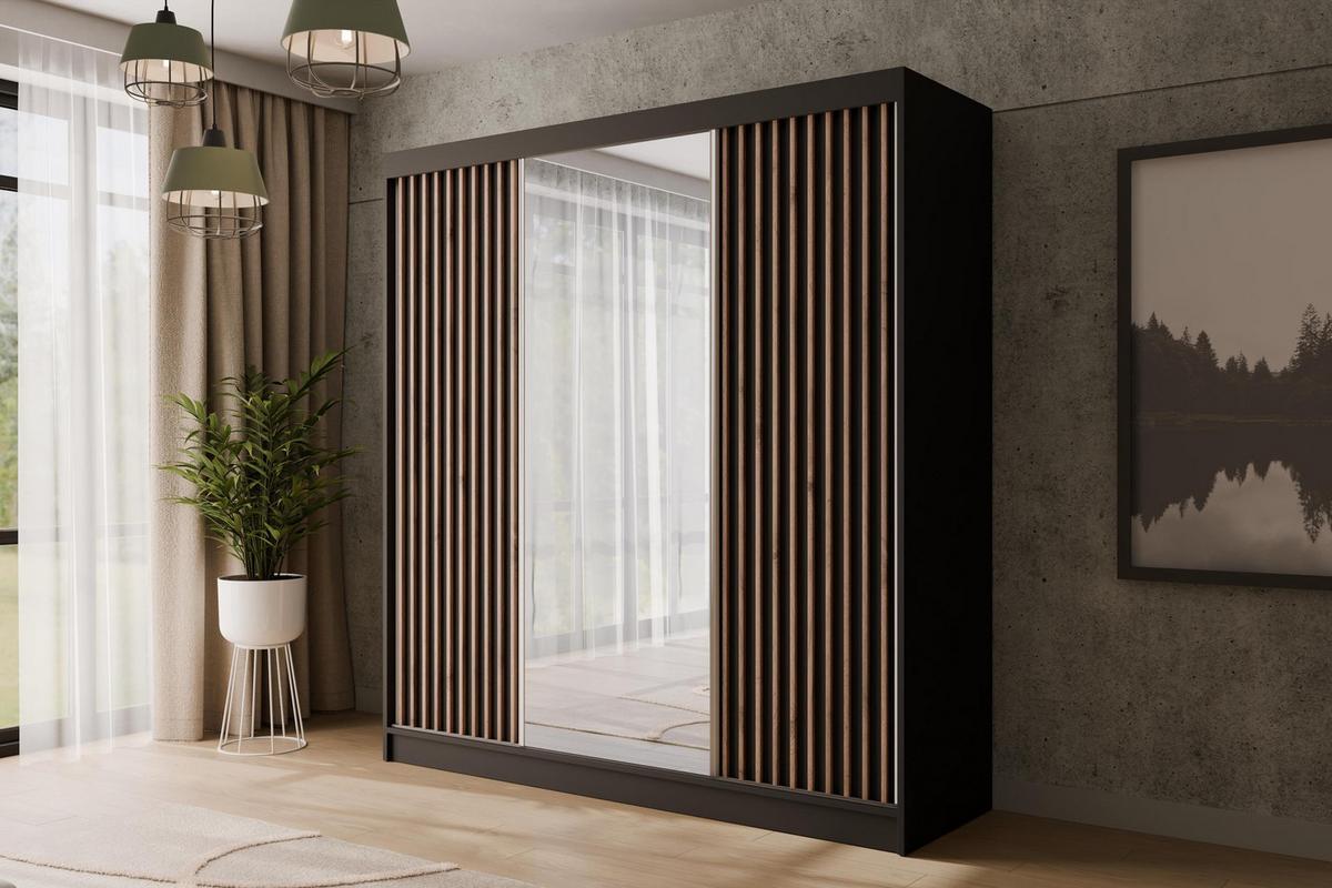 KLEIDERSCHRANK mit Spiegel V2-ZENTI 215x200 cm Schwarz - Schwarz, Holzwerkstoff (200/215/61cm) - ALTDECOR