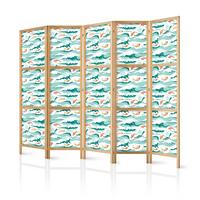 PARAVENT Japanischer 5-tlg 225x172 cm Fische Blumen Meereswellen - Türkis, Holz/Textil (225/172/3cm) - Muralo