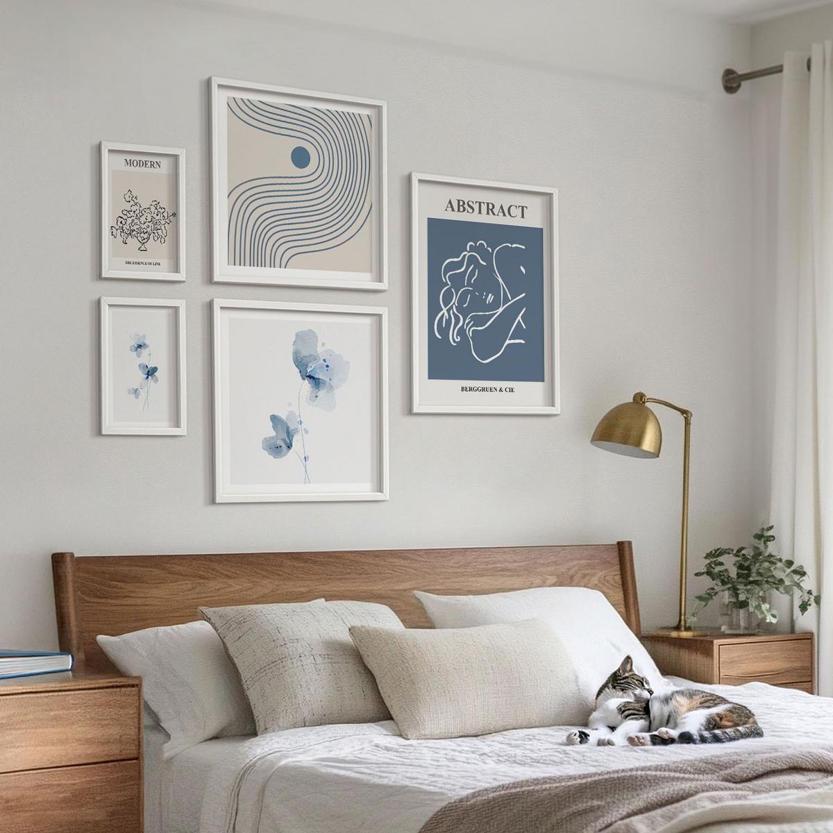 BILDER SET 5er Set - 50x50 cm & 20x30 cm & 40x60 cm Weißer Rahmen - abstrakte Poster mit Blumenlinien - Weiß, Kunststoff (40/60cm) - TULUP