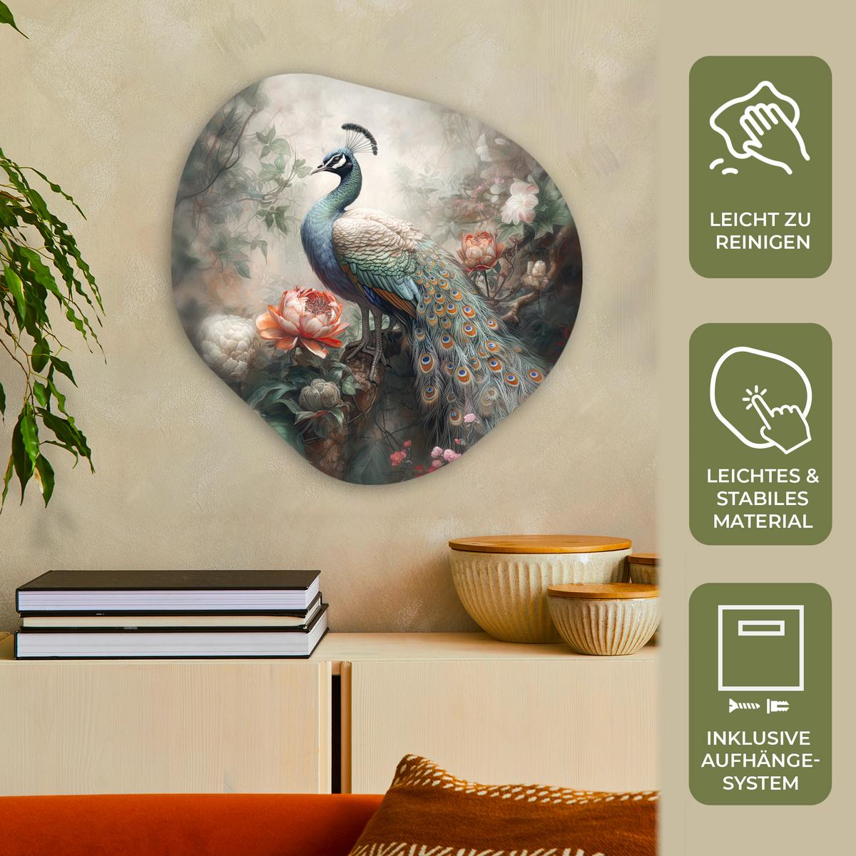 WANDBILD Pfau - Pfauenfedern - Vogel - Dschungel - Blumen Wandbild 60x60 cm - Smaragdgrün, Kunststoff (60/60cm) - MuchoWow