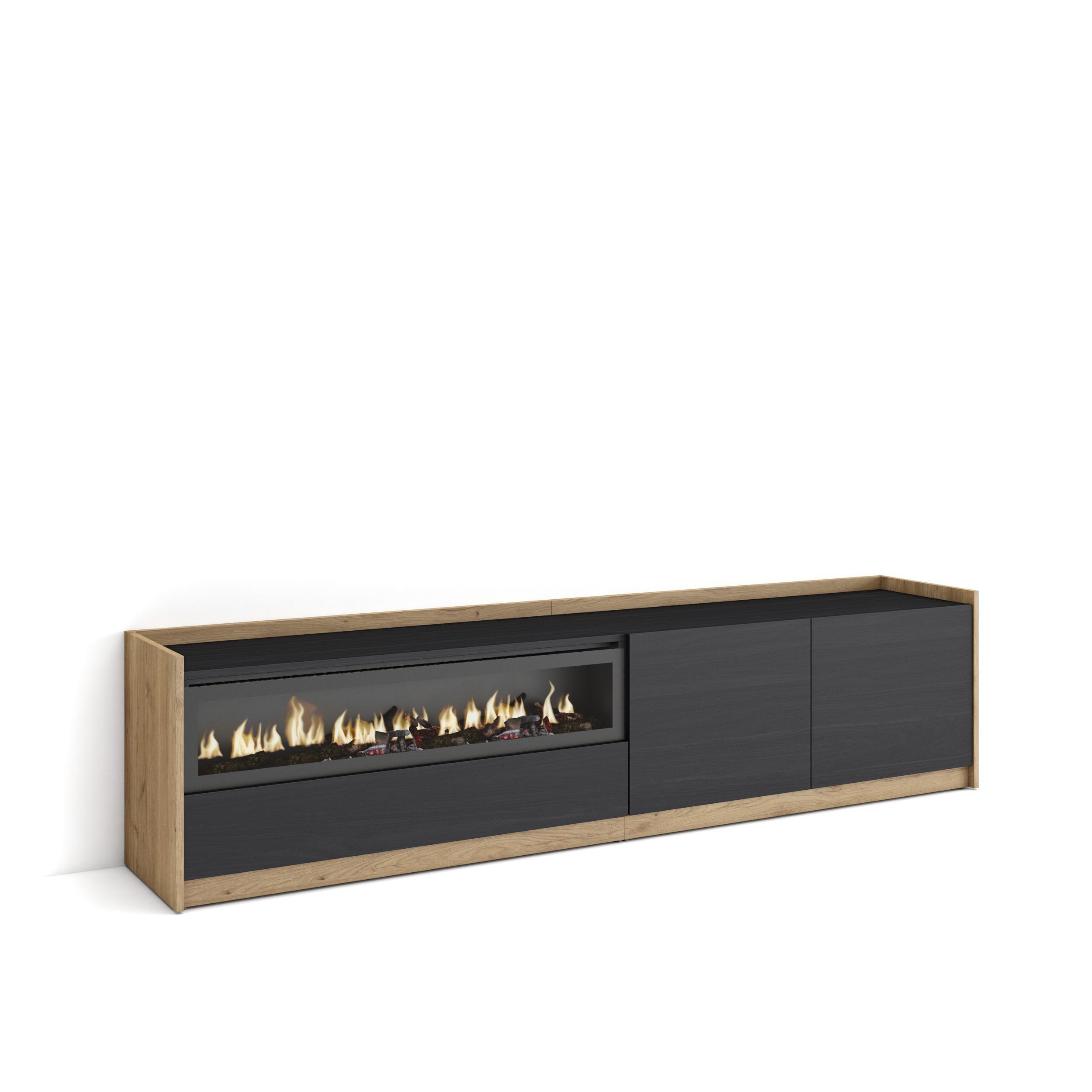 LOWBOARD, Schwarz Eiche, Elektrokamin, 207/37/50cm - Schwarz, Holzwerkstoff (207/50/37cm) - Skraut Home