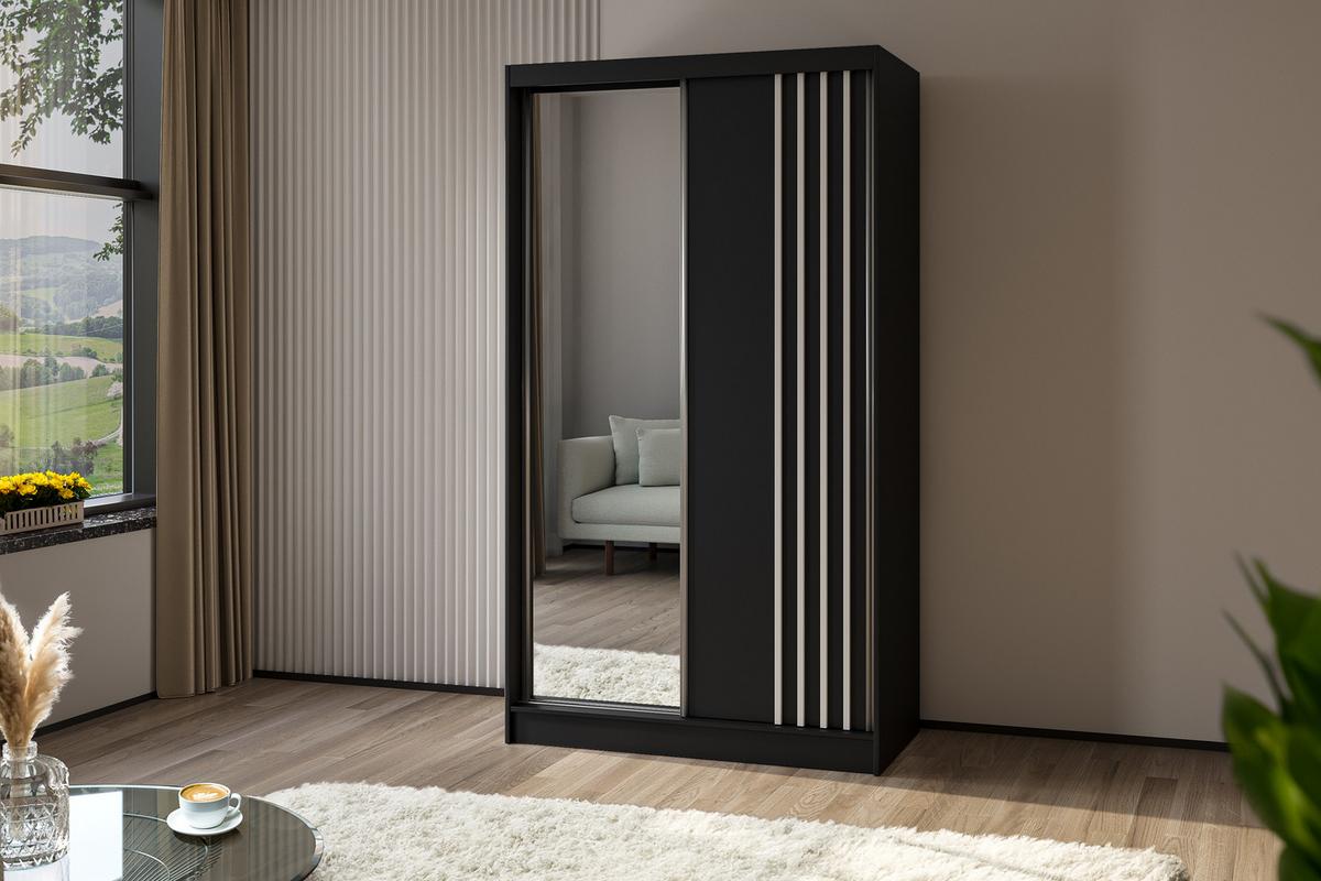 KLEIDERSCHRANK mit Spiegel-Schiebetüren und Aluminium-Leisten - NALLA - 120 cm Schwarz+Schwarz+Weiß - Schwarz/Weiß, Holzwerkstoff (120/216/61cm) - ALTDECOR