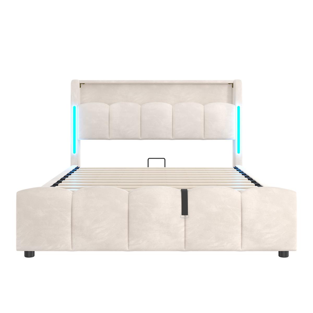 POLSTERBETT samt beige 140x200cm mit stauraum led usb - Beige, Textil (140/200cm) - Urban Meuble