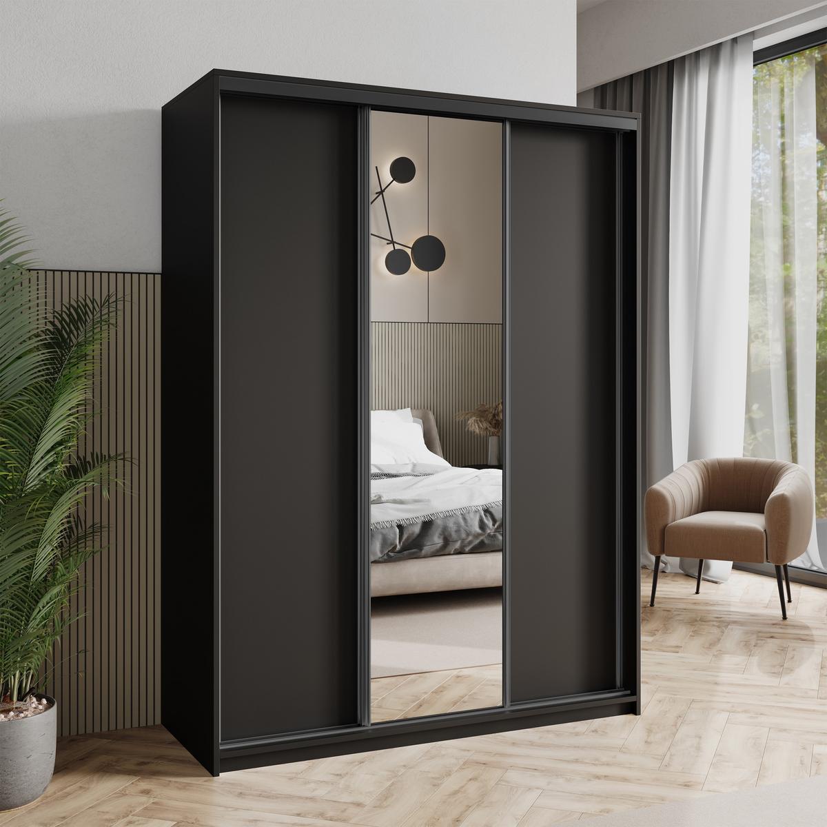 SCHWEBETÜRENSCHRANK TAVI 150/205/60 cm 3-türig mit Spiegel Schwarz - Schwarz, Holzwerkstoff (150/205/60cm) - MASSENO