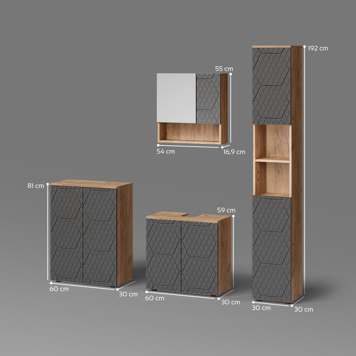 BADMÖBEL-SET Ronco Anthrazit mit Wabenstruktur 4 Teile, mit Hochschrank und Kommode - Anthrazit, Holzwerkstoff (60/59/30cm) - Livinity®