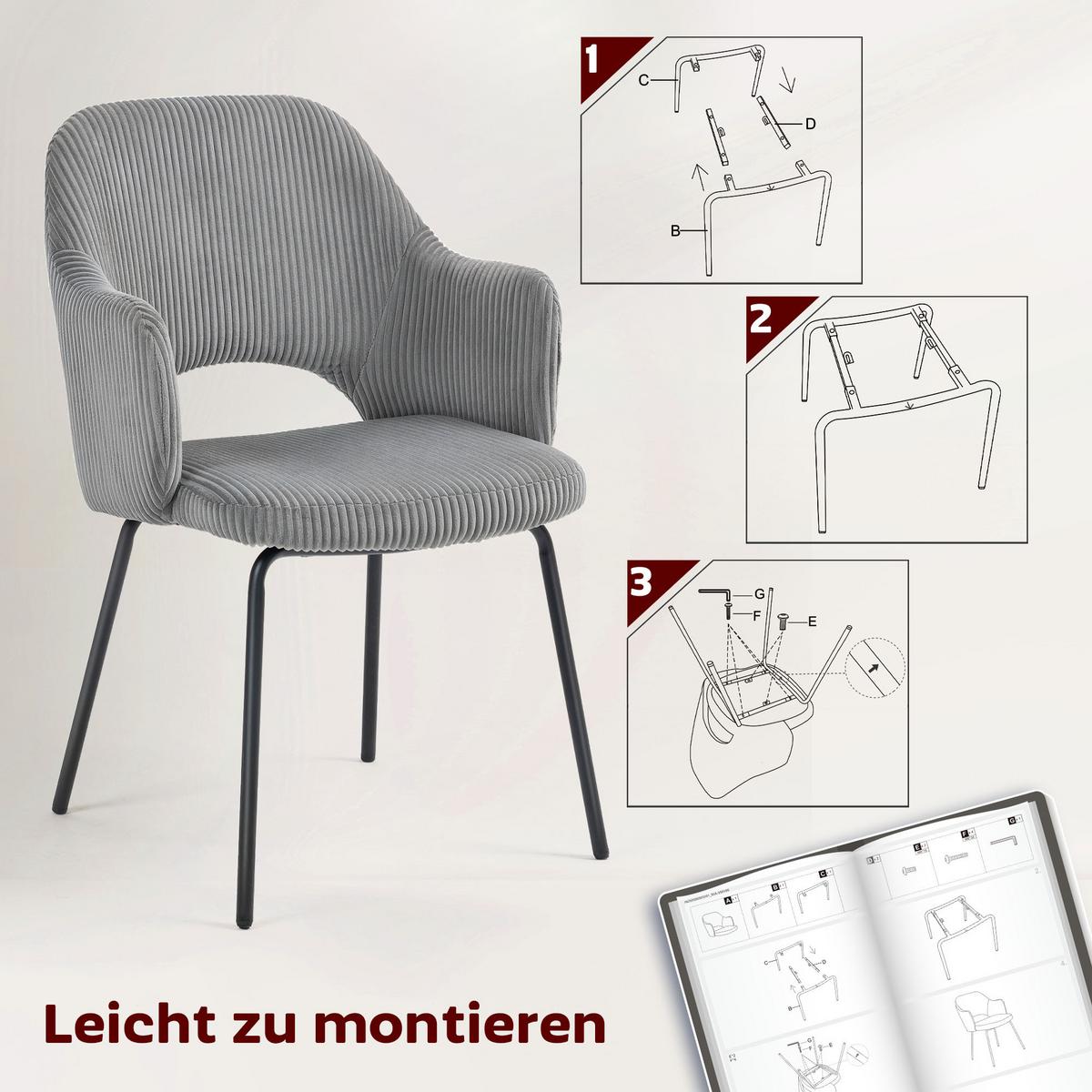 ESSZIMMERSTUHL mit Armlehne Rückenlehne gepolsterte Sitzfäche Grau - Schwarz/Grau, Textil/Metall (57/85.5/62.5cm) - HOMCOM