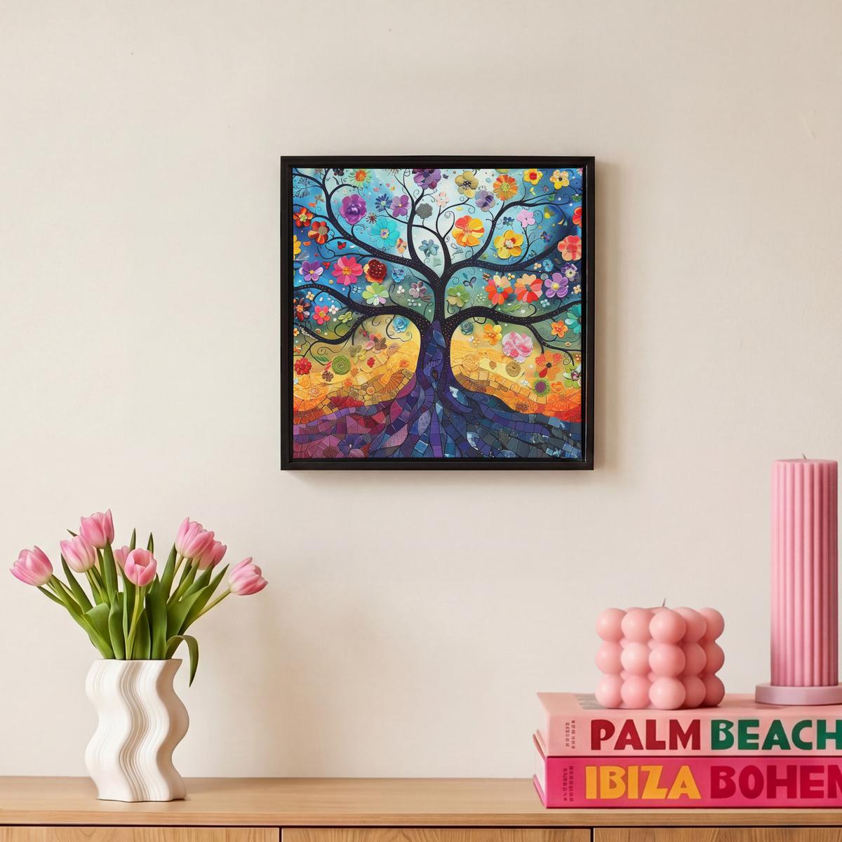 LEINWAND Bilder mit Rahmen - Kunst - Baum des Lebens - Blumen - Hippie - 20x20 - Dunkelblau, Textil (20/20cm) - MuchoWow