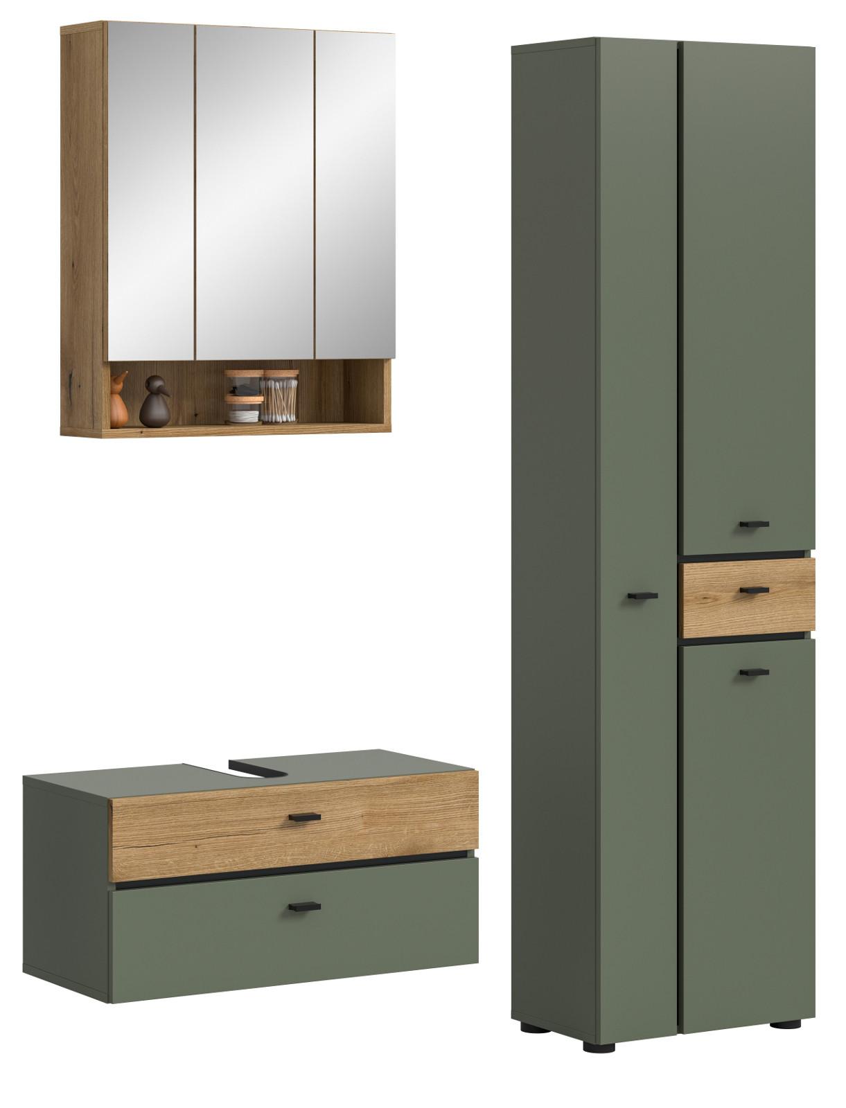 BADMÖBEL-SET grün, Evoke Eiche 3-teilig 141 cm, Komplettset mit viel Stauraum - Eichefarben/Schwarz, Glas/Holzwerkstoff (141/191/35cm) - Inn.Furn