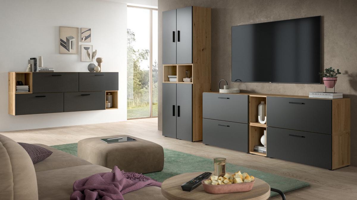 SIDEBOARD grau, Eiche Artisan 176 cm, Kommode mit Soft-Close - Schwarz/Eiche Artisan, Holzwerkstoff/Kunststoff (176/99/34cm) - Inn.Furn