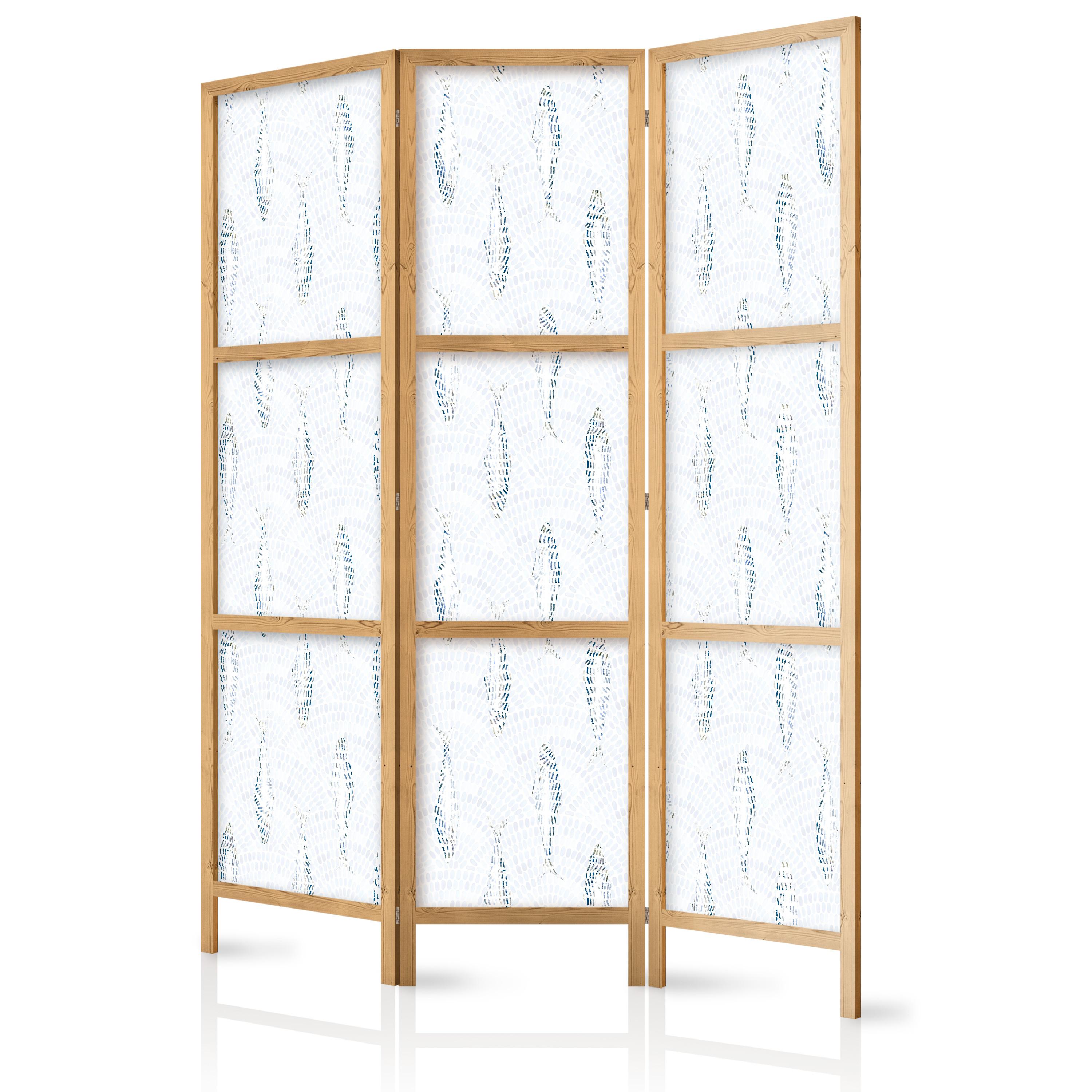 PARAVENT Japanischer 3-tlg 135x172 cm Blaue Fische - Weiß, Holz/Textil (135/172/3cm) - Muralo
