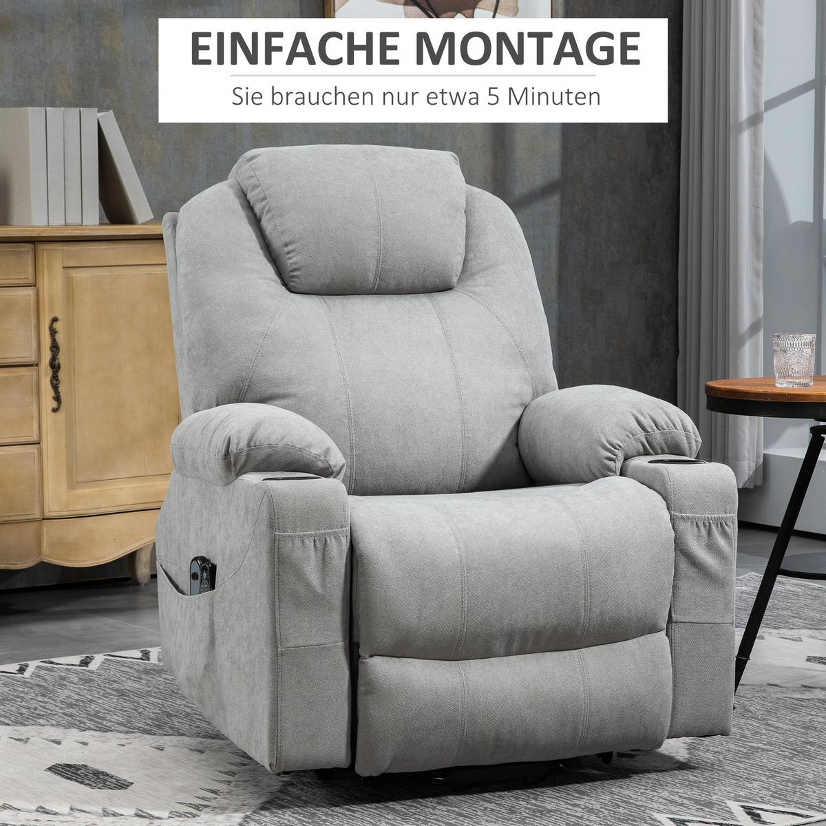 FERNSEHSESSEL mit Aufstehhilfe, Hellgrau - Hellgrau/Schwarz, Textil/Metall (90/107/101cm) - HOMCOM