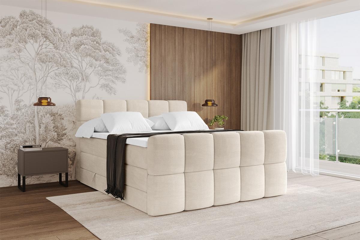 BOXBETT mit Matratze H3/H4 - FAMA-Z KING - 120x200 cm Beige Poso - Ecru, Holzwerkstoff (120/200cm) - ALTDECOR