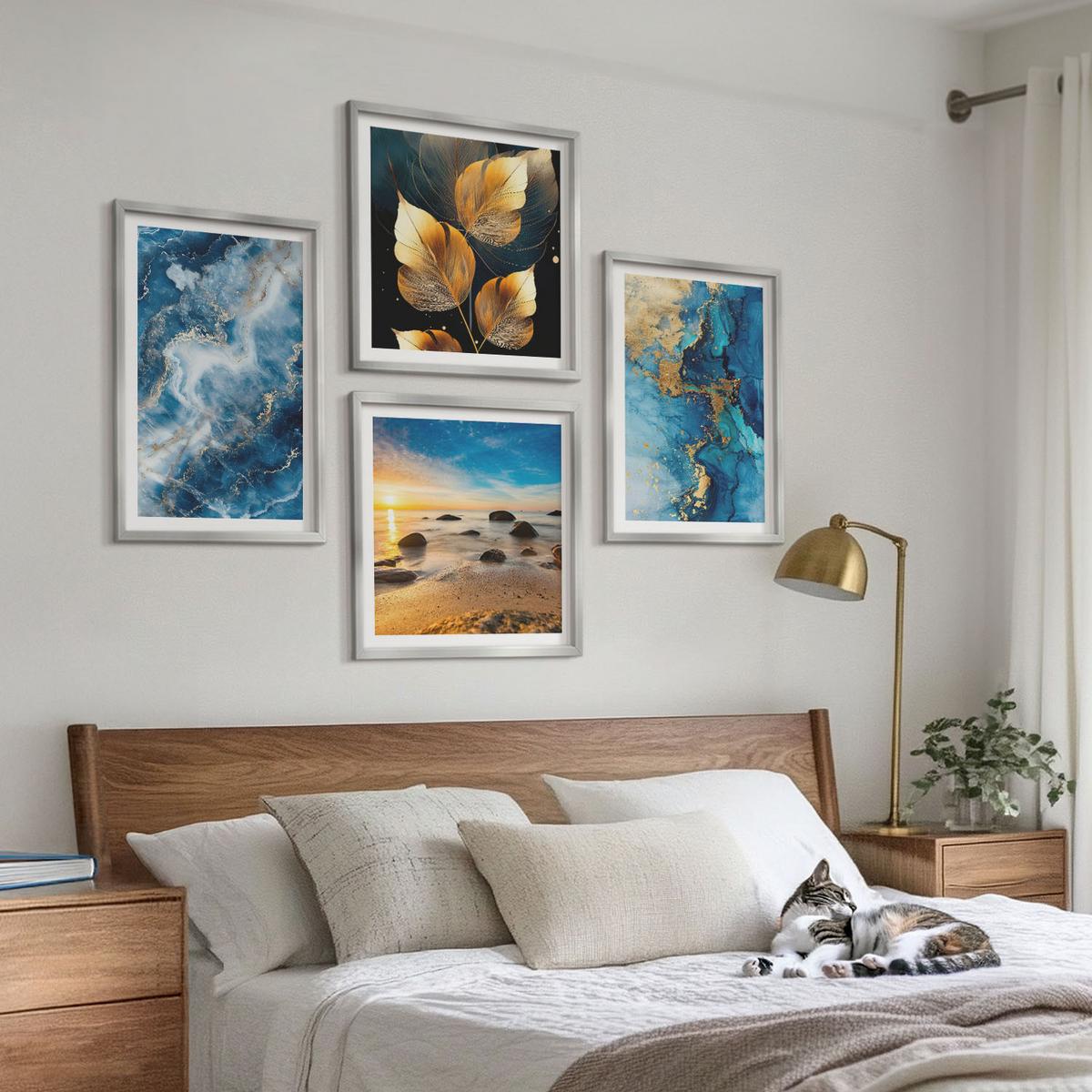BILDER SET 4er Set - 50x50 cm & 40x60 cm Silberner Rahmen - Bilder mit blau-goldenen Mustern - Silberfarben, Kunststoff (50/50cm) - TULUP