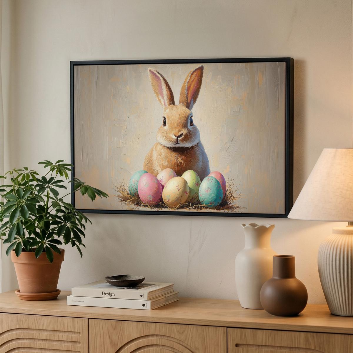 LEINWAND Bilder mit Rahmen - Osterhase - Pastell - Eier - 60x40 - Beige, Textil (60/40cm) - MuchoWow