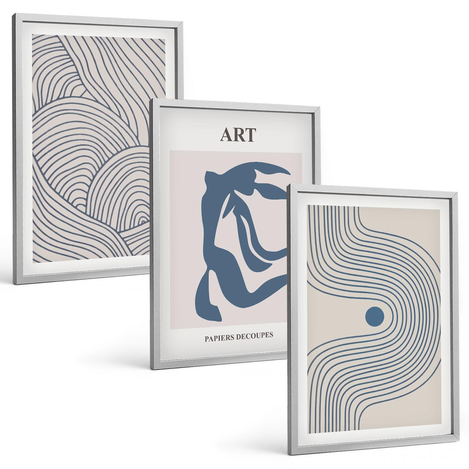 BILDER SET 3er Set - 40x60 cm Silberner Rahmen - Abstrakte blaue Linien - Silberfarben, Kunststoff (40/60cm) - TULUP
