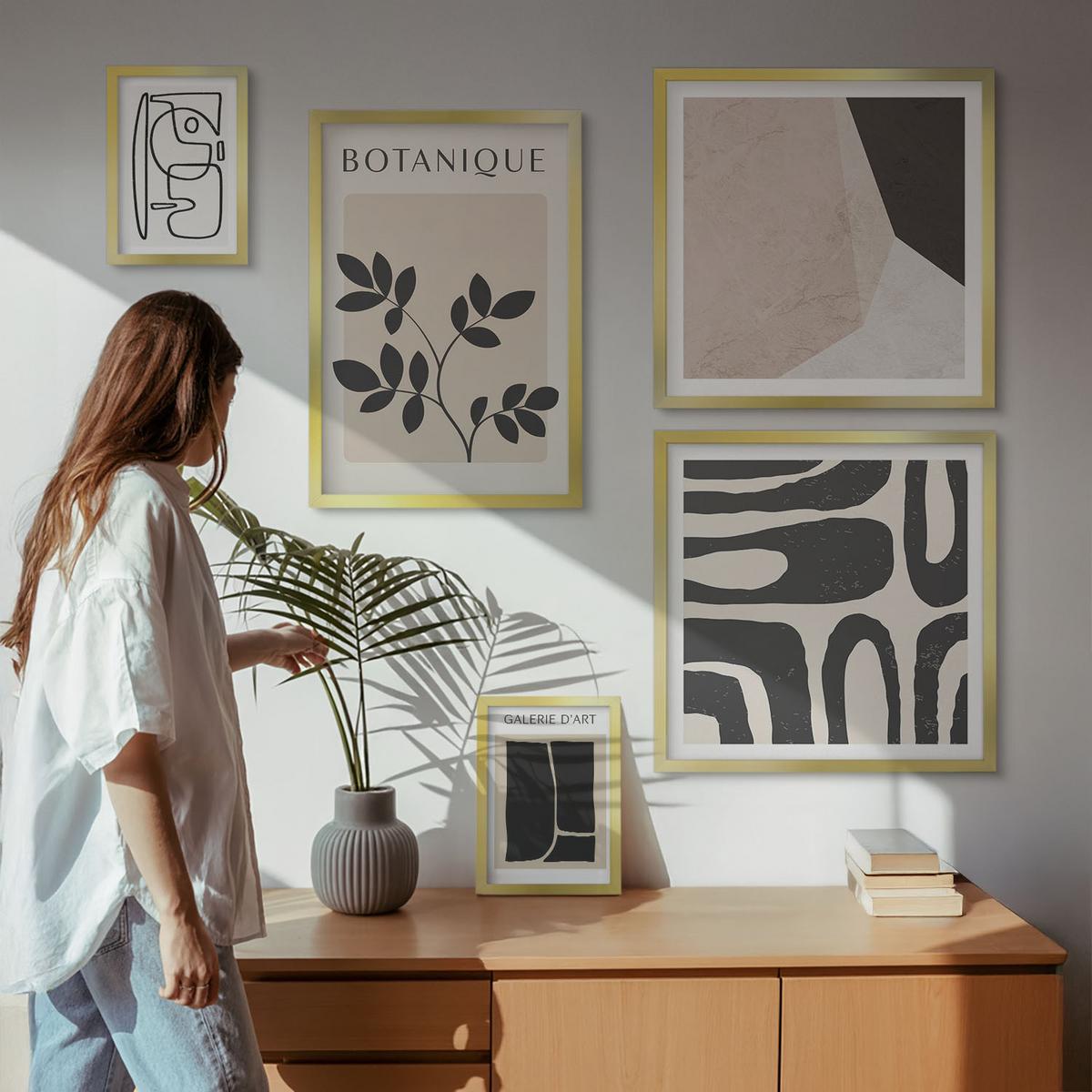 BILDER SET 5er Set - 50x50 cm & 20x30 cm & 40x60 cm Goldrahmen - Abstrakte Boho-Musterformen - Goldfarben, Kunststoff (40/60cm) - TULUP