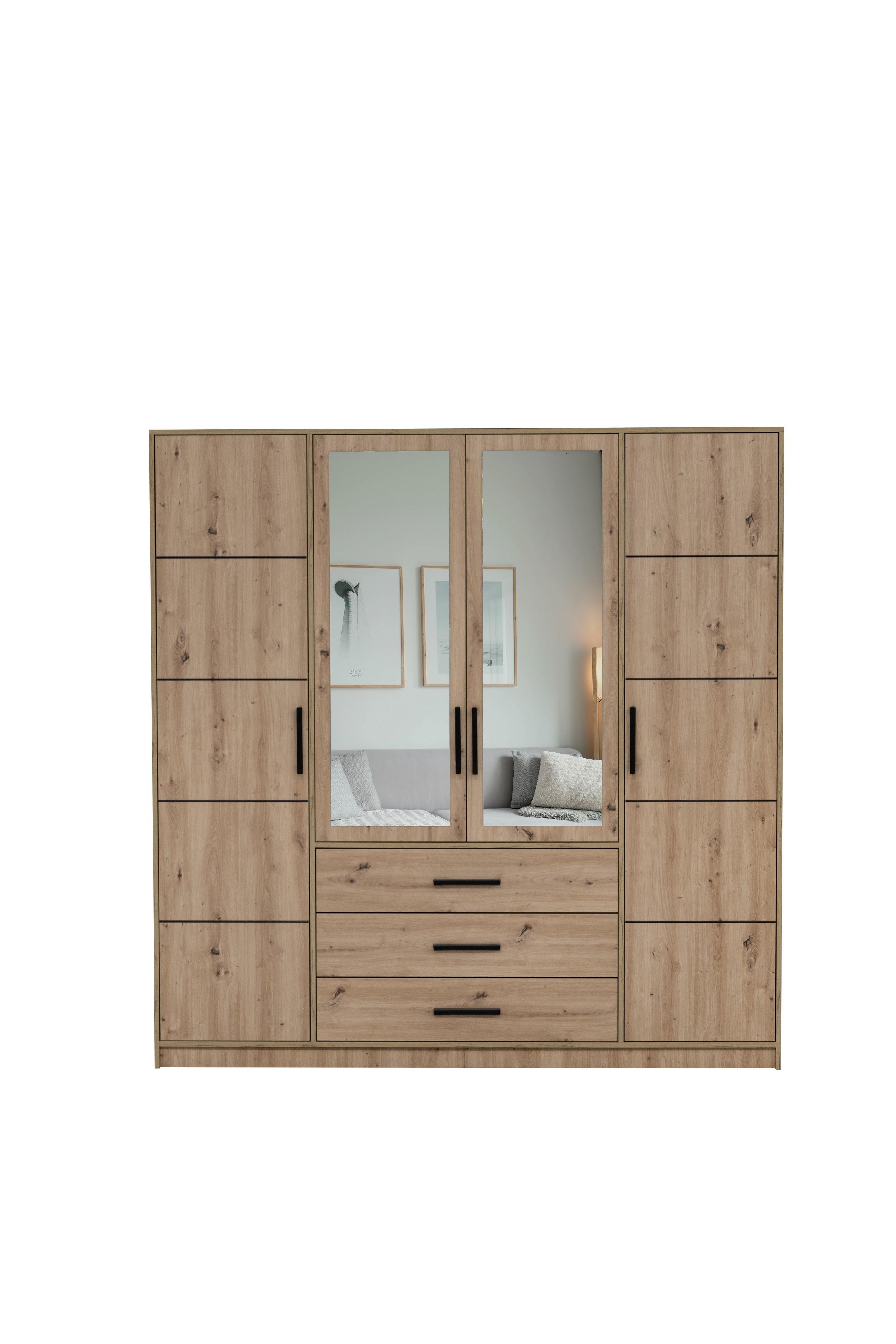 DREHTÜRENSCHRANK FIORA 196/200/57,5 cm 4-türig mit Spiegel Eiche Artisan - Eiche Artisan, Holzwerkstoff (196/200/57.5cm) - MASSENO