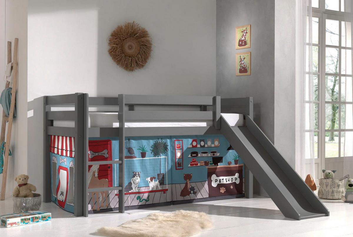 HOCHBETT mit Rutsche Karolina Massivholz Grau Textilset Pet Shop - Blaugrau/Grau, Holz (90/200cm) - 58aufmkessel