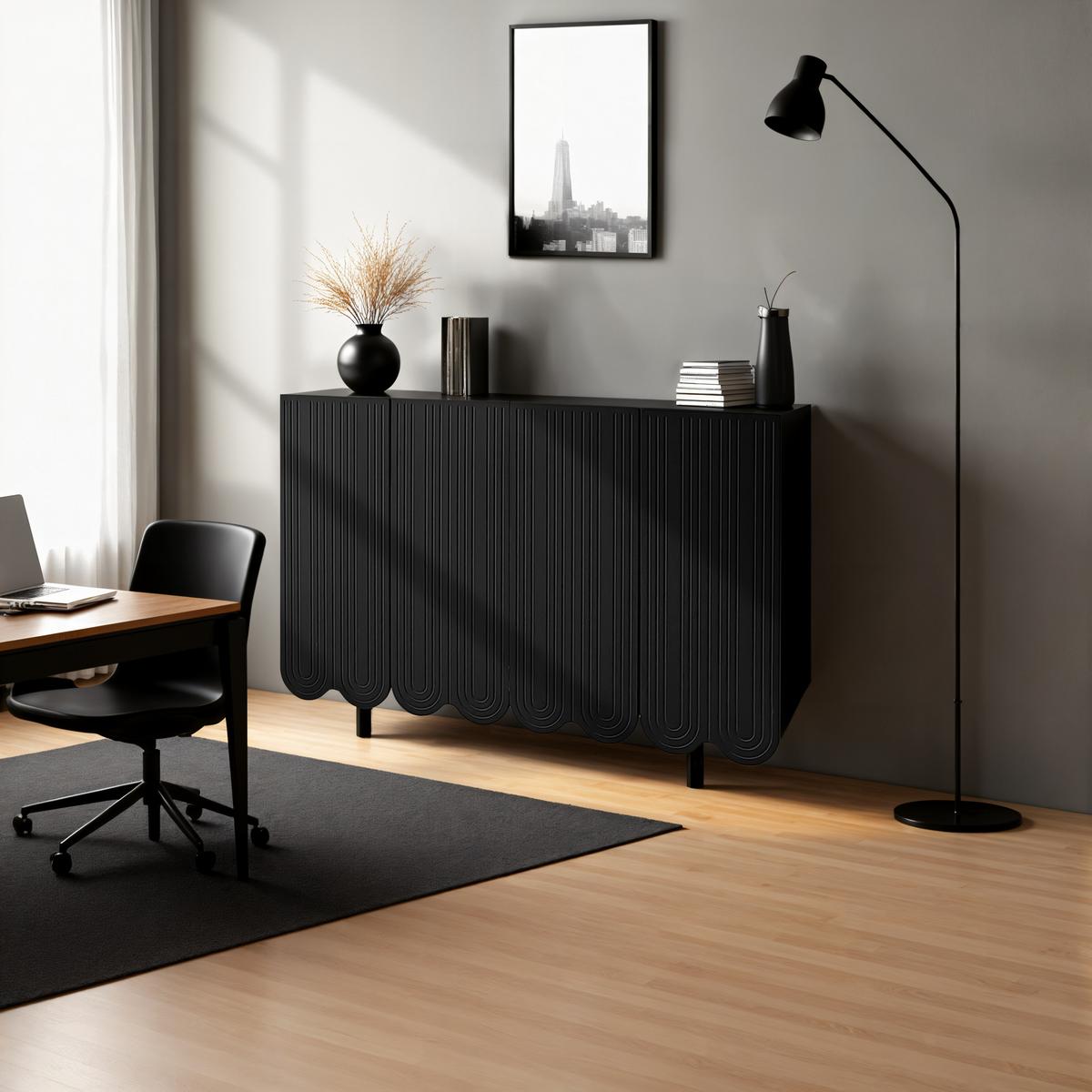 SIDEBOARD mit Metallfüßen und Rillen-Design - Schwarz, Holzwerkstoff/Metall (120/80/38cm) - Urban Meuble