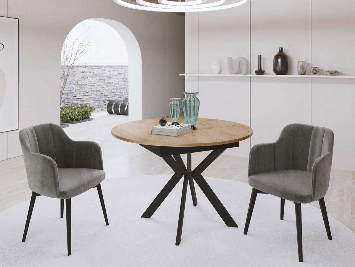 ESSTISCH Lily runder ausziehbarer, Lancelot Eiche 100-140/100/76 cm - Eichefarben/Schwarz, Holzwerkstoff/Metall (100/140/76cm) - WFL GROUP