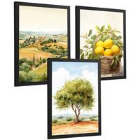 POSTER 3er Bilder-Set Wandbilder Landhaus Dorf Landschaft modern Wohnzimmer Deko, Schlafzimmer, Küche, Badezimmer Schwarzer Rahmen A4 - Schwarz, Papier (29.7/1/21cm) - Nacnic