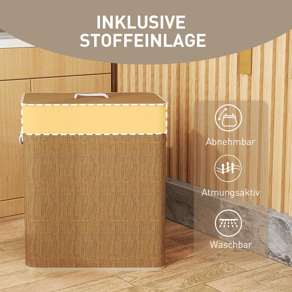 BAMBUS Wäschekorb mit Deckel 2 Fächer 100 L Wäschesammler mit Seilgriffen - Braun, Naturmaterialien (32/63/52cm) - HOMCOM
