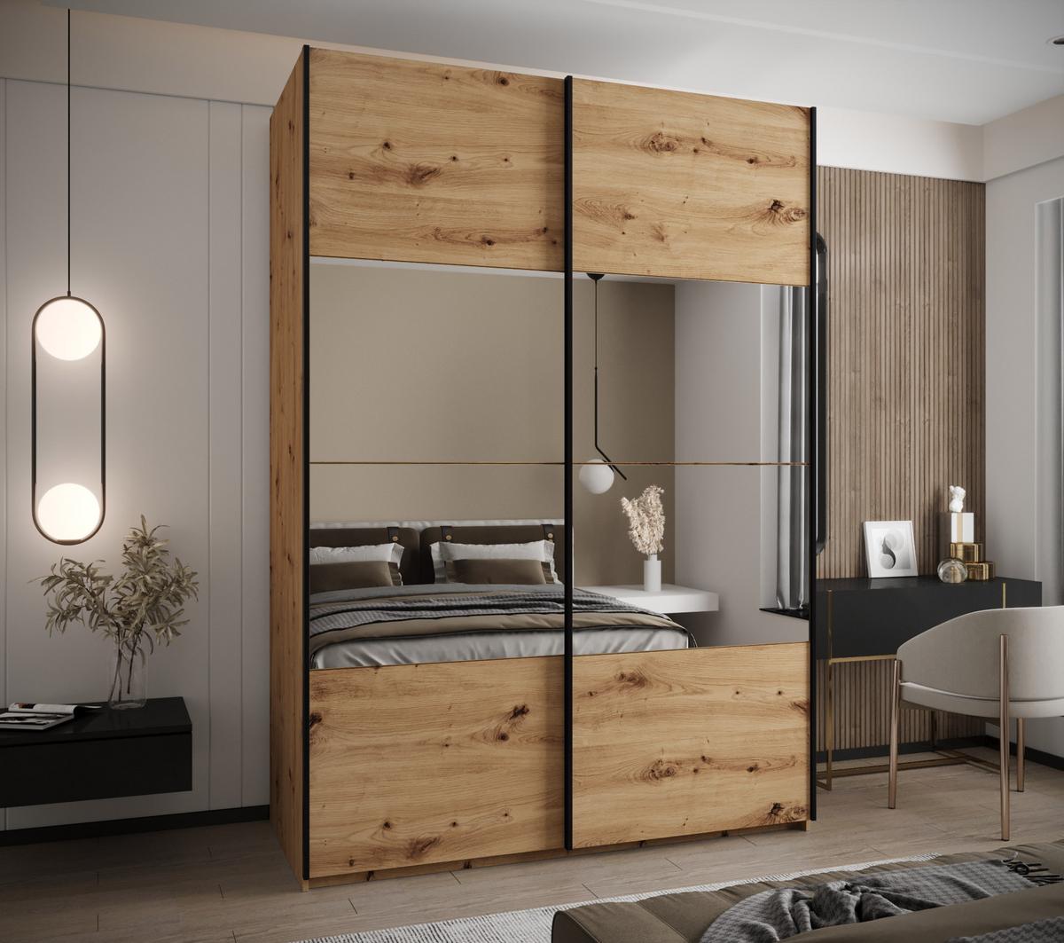 SCHWEBETÜRENSCHRANK 245,5/180/64 2-türig - Schwarz/Eiche Artisan, Holz/Metall (180/245/64cm) - Abiks Möbel