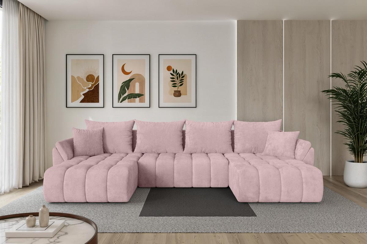 WOHNLANDSCHAFT mit Schlaffunktion und Bettkasten TOKO-U-v1 378x194x86 Rosa Cord - Schwarz/Rosa, Holzwerkstoff/Kunststoff (378/86/194cm) - ALTDECOR