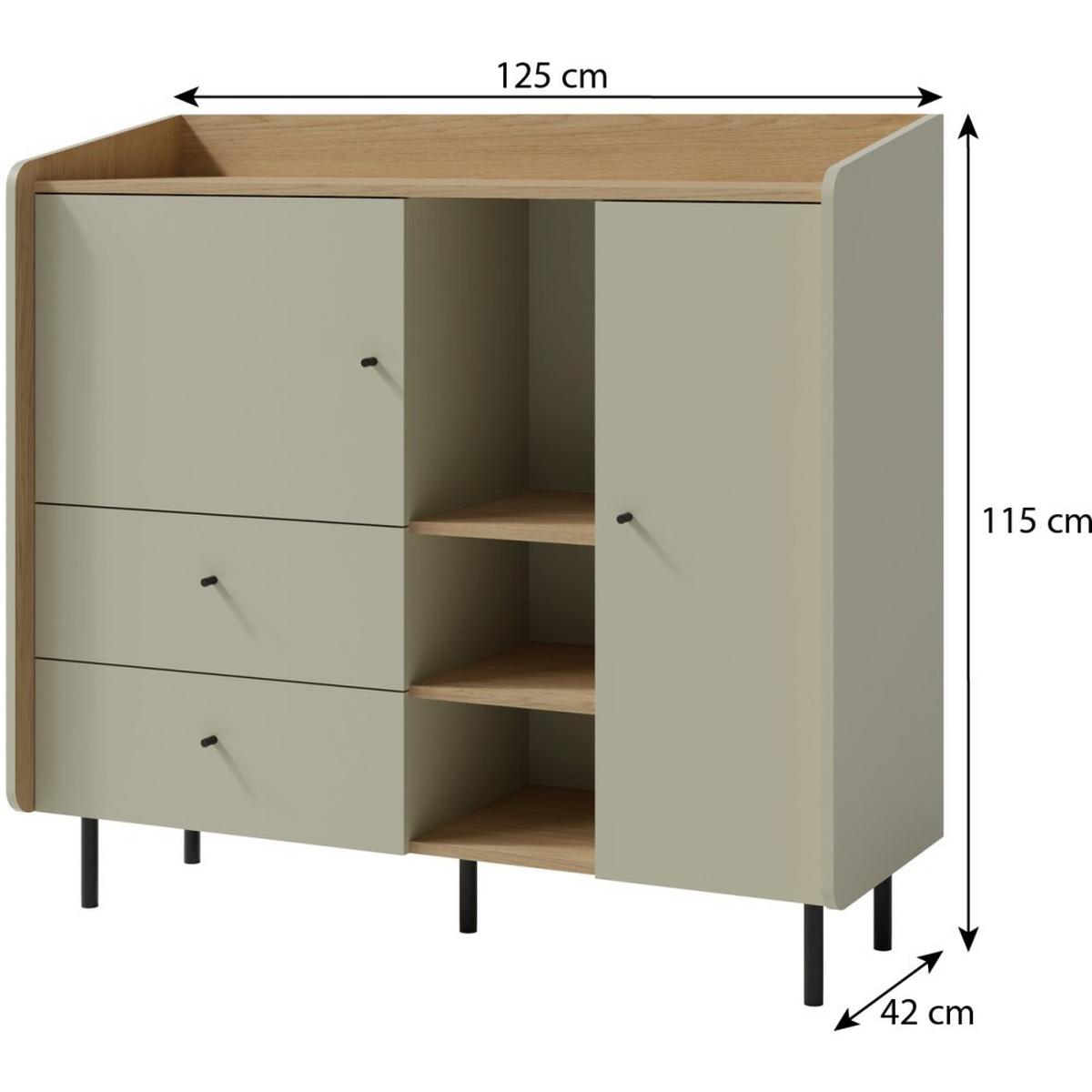 KOMMODE Alex mit 1 Tür und 2 Schubladen, Eukalyptus - Beige/Schwarz, Holzwerkstoff (95/115/42cm) - Beautysofa
