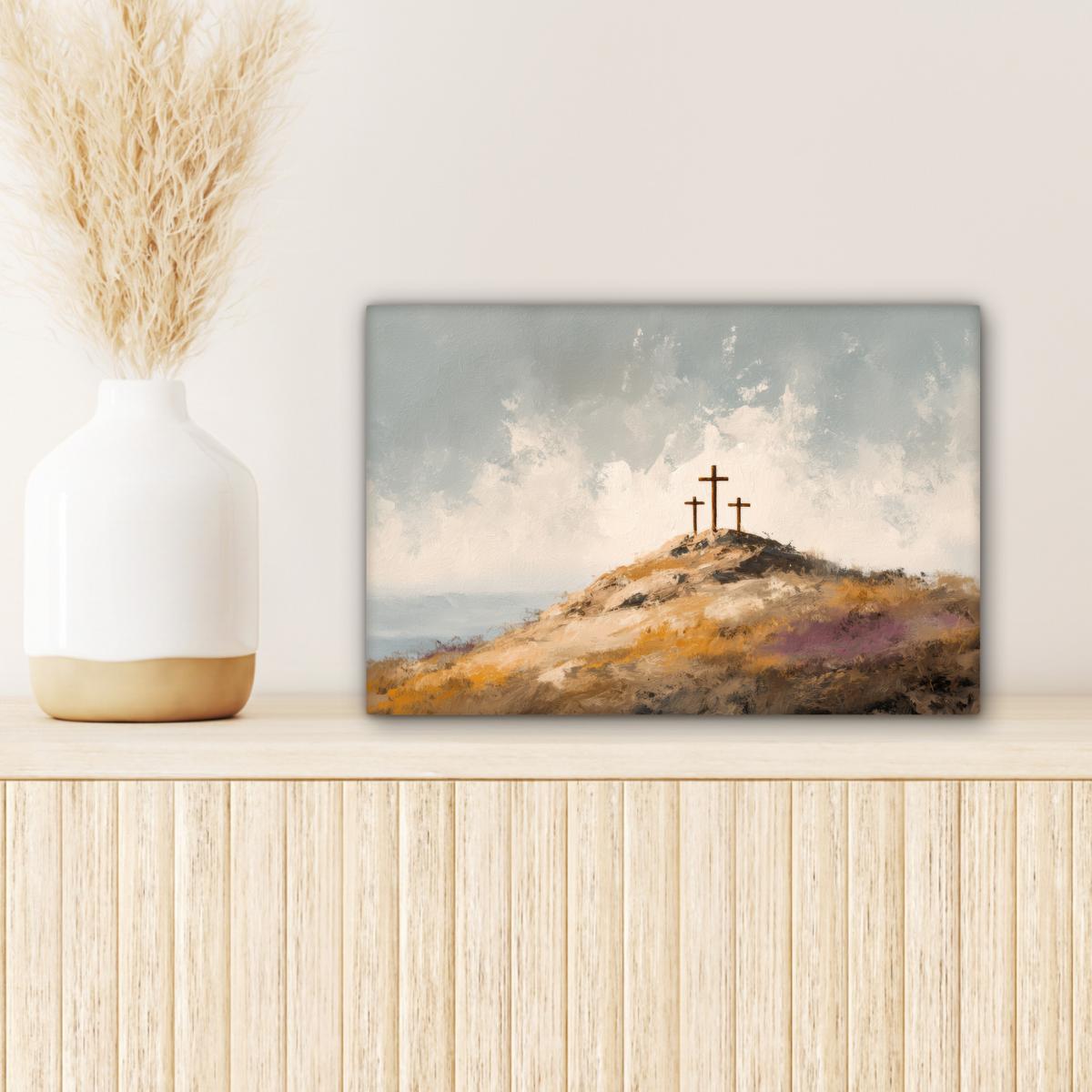 LEINWANDBILD Hügel - Abstrakt - Christentum - Kreuz Deko Schlafzimmer 30x20 cm - Hellgrau, Textil (30/20cm) - MuchoWow