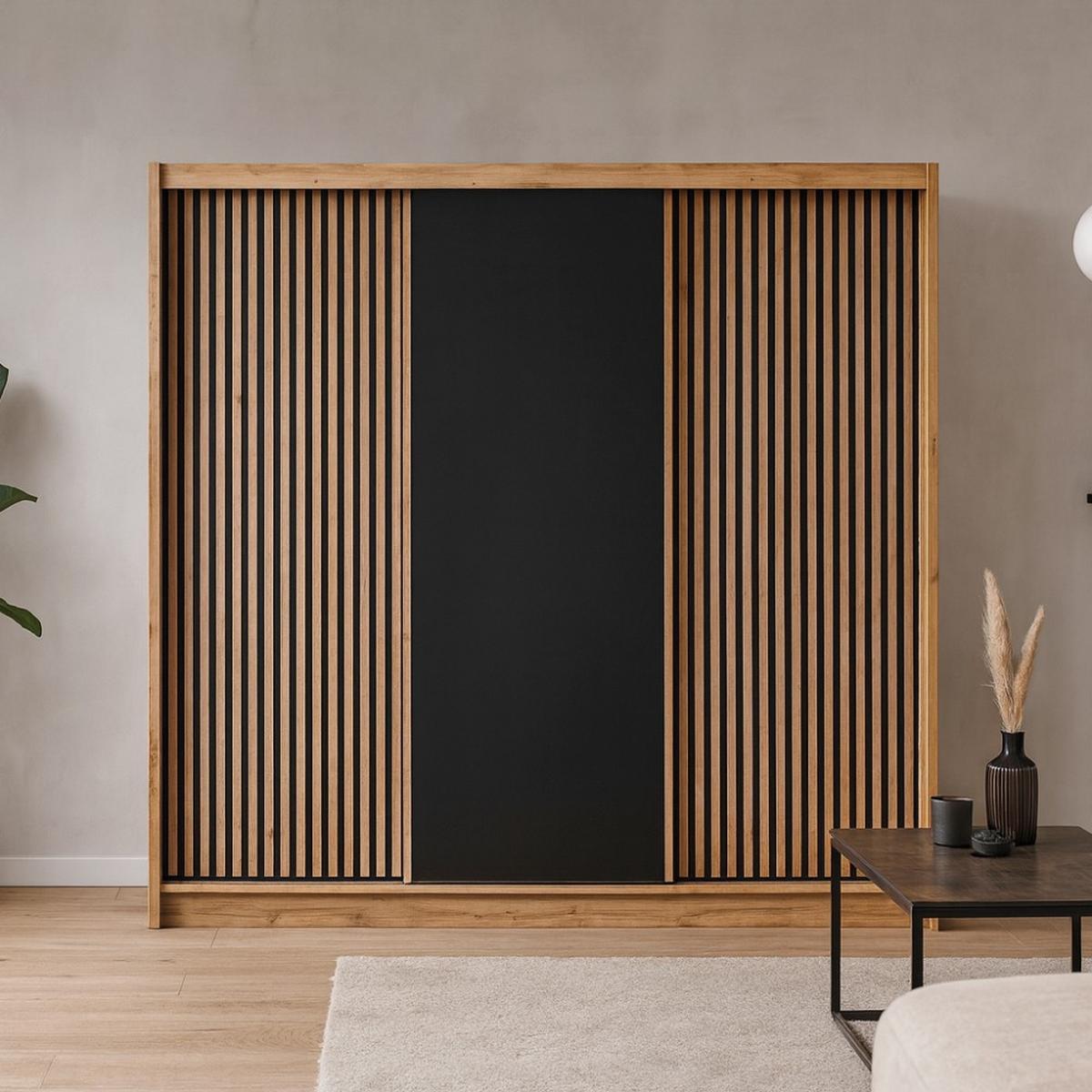 SCHWEBETÜRENSCHRANK Leroy mit 2 Türen und Lamellen, 250 cm, Schwarz+eiche Wotan - Eiche Wotan/Schwarz, Holzwerkstoff (250/215/60.5cm) - Beautysofa