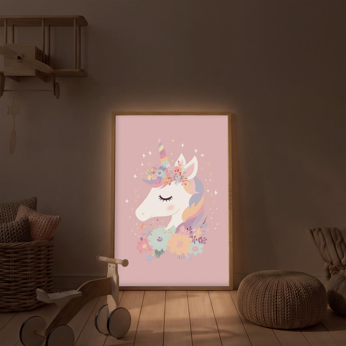 NACHTTISCHLAMPE MIT AKKU Einhorn - Rosa - Blumen 60x90 cm - Rosa, Holzwerkstoff (8/60/90cm) - OnlyWow