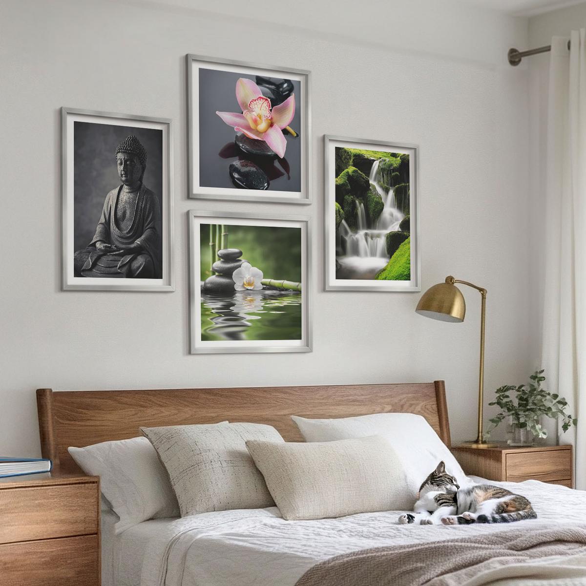 BILDER SET 4er Set - 50x50 cm & 40x60 cm Silberner Rahmen - Zen-Gemälde, Wassersteine, Buddha - Silberfarben, Kunststoff (50/50cm) - TULUP