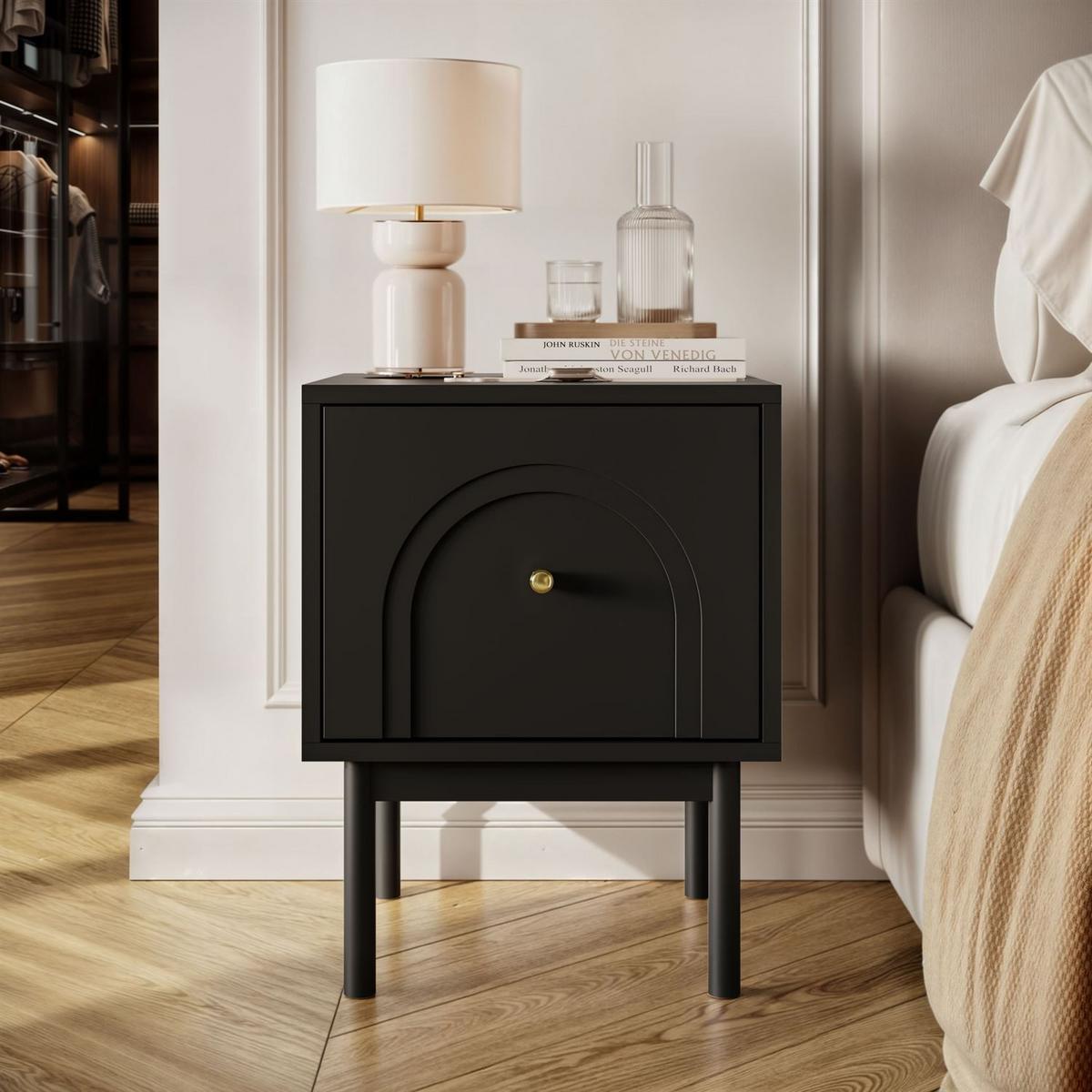 NACHTTISCH LIBERTY auf Holzbeinen schwarz - Schwarz, Holzwerkstoff (41.3/53.5/39cm) - Lookway