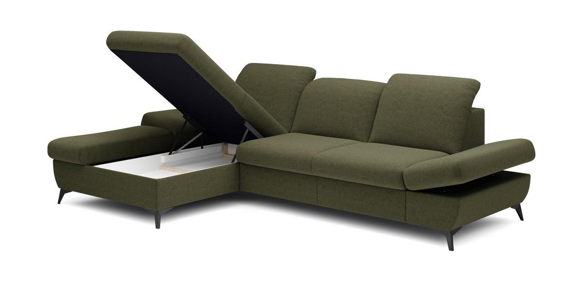 ECKSOFA FELICE L-S Olivgrün Geflochtener Stoff mit Schlaffunktion - Olivgrün, Holz (284/166cm) - MASSENO