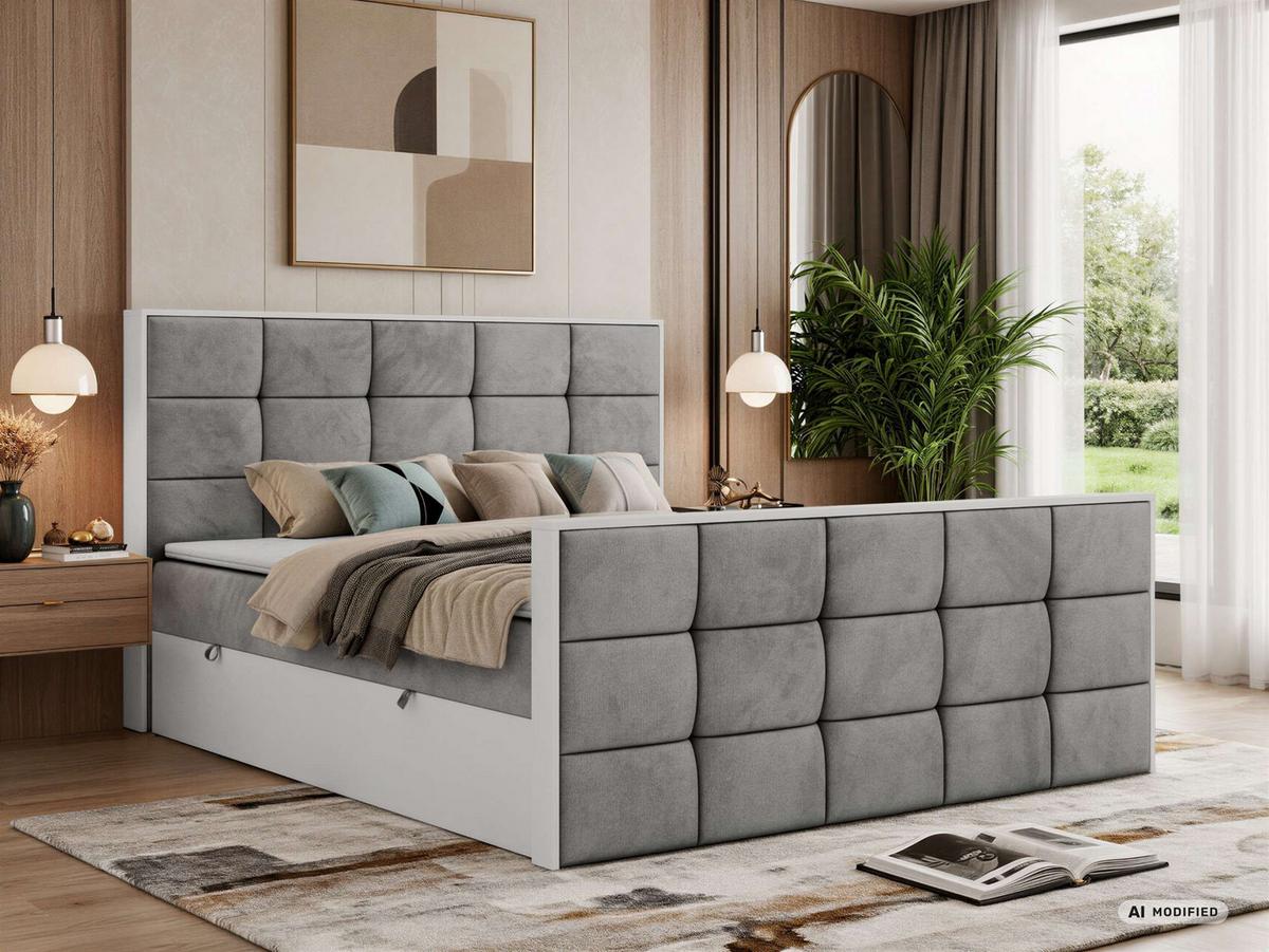 BOXBETT ALVIT DUO 180/200 - Hellgrau Velvet - Topper Visco - H3 - Hellgrau/Schwarz, Kunststoff/Textil (180/200cm) - MKS