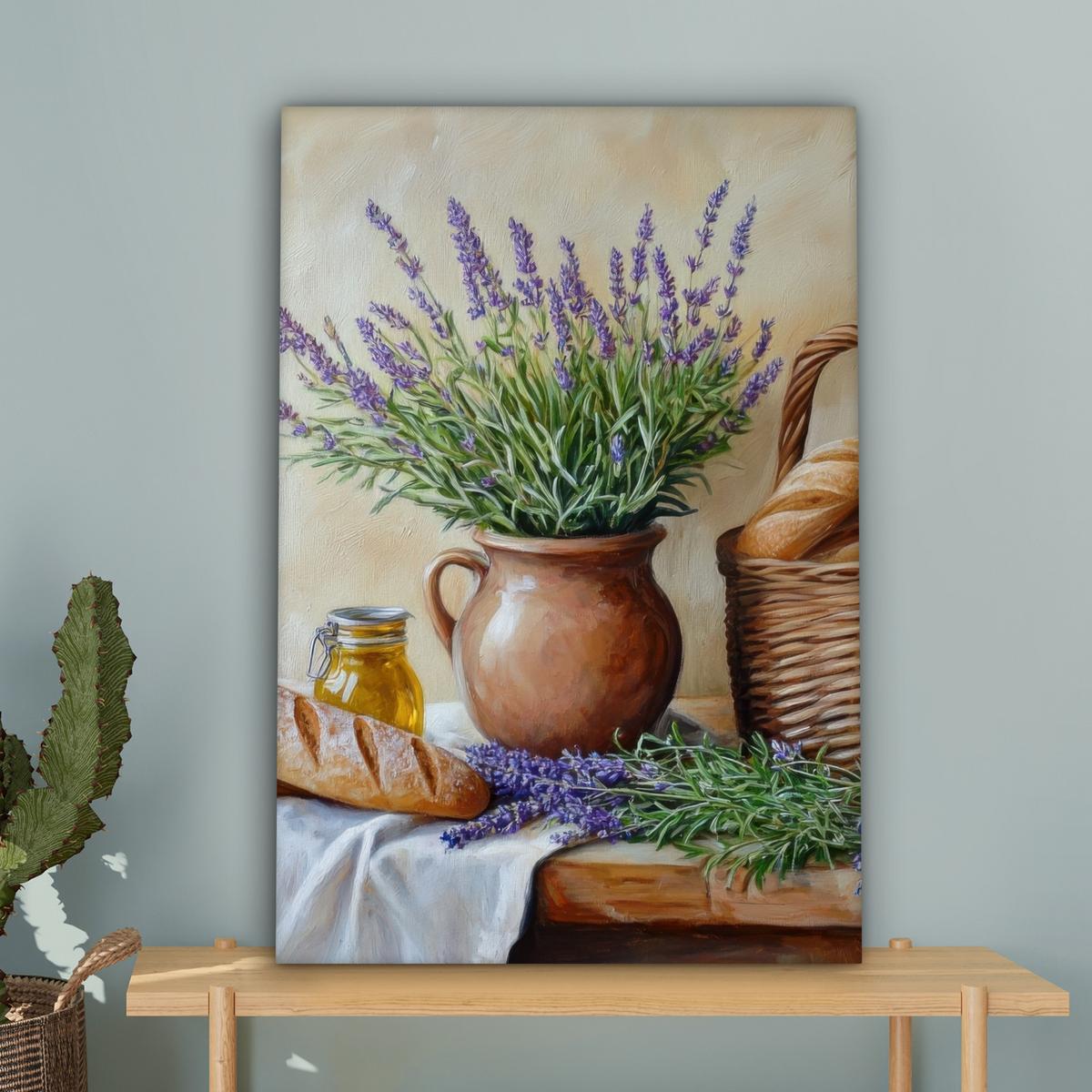 LEINWANDBILD Lavendel - Brot - Stilleben Wanddeko 40x60 cm - Flieder, Textil (40/60cm) - MuchoWow