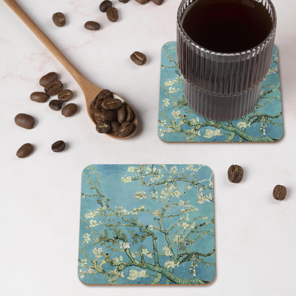 GLASUNTERSETZER 6er-Set Van Gogh - Mandelblüte - Alte Meister - Kunst - Vintage Telleruntersetzer 10x10 cm - Hellblau, Naturmaterialien (10/0.2cm) - MuchoWow