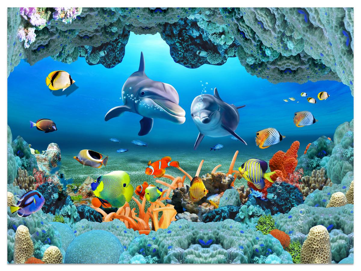 FOTOTAPETE für Badezimmer Unterwasser Korallenriff Delfin Fisch 150x105 - Türkis/Gelb, Papier (150/105cm) - Muralo