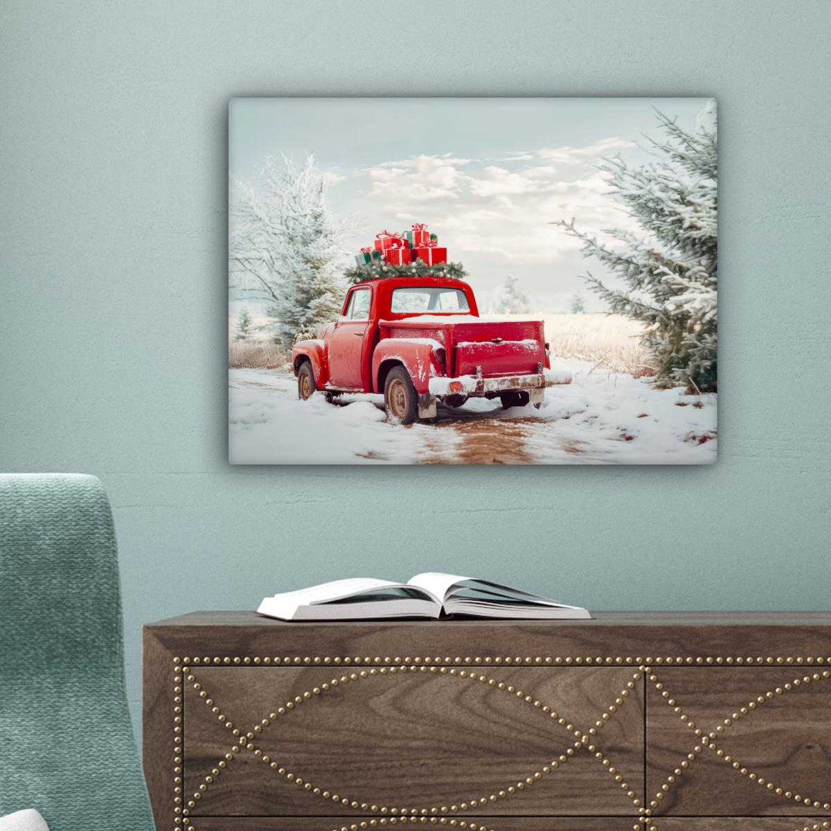 LEINWANDBILD Auto - Rot - Geschenke - Winter - Schnee - Weihnachten Wandbild 40x30 cm - Rot, Textil (40/30cm) - MuchoWow