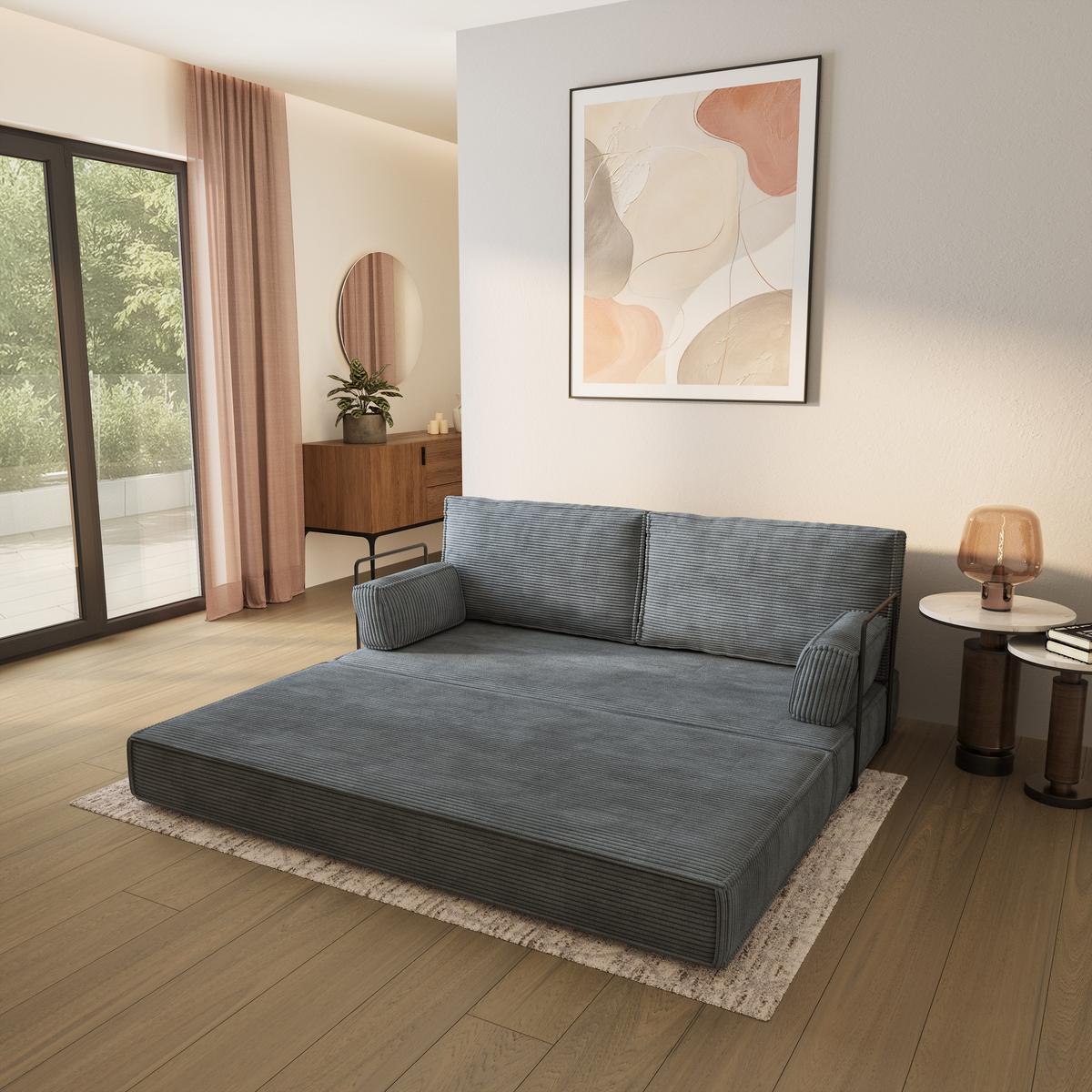 BETTSOFA SILAR aus Schaumstoff Kordstoff Grau Schlaffunktion - Grau, Textil (170/86/80cm) - MASSENO