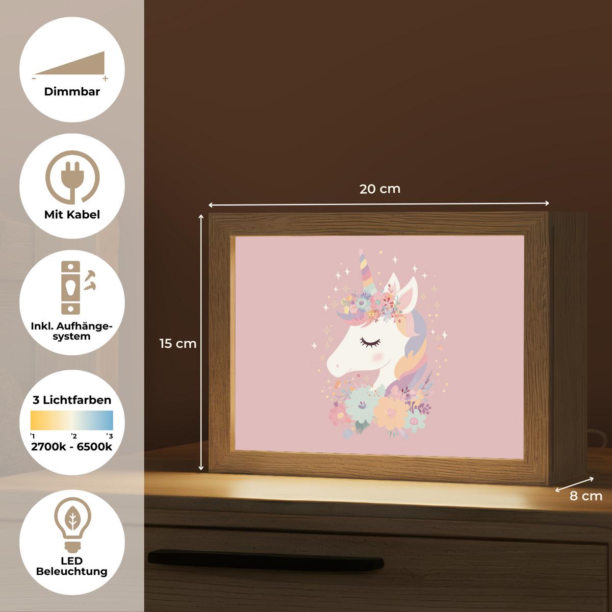 NACHTTISCHLAMPE Einhorn - Rosa - Blumen 20x15 cm - Rosa, Holzwerkstoff (8/20/15cm) - OnlyWow
