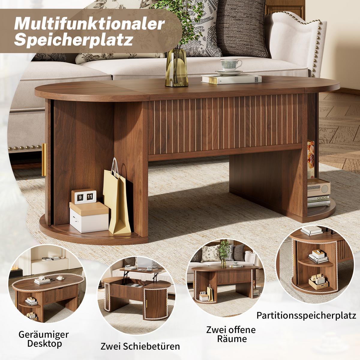 COUCHTISCH Höhenverstellbar Nussbaum mit Schiebetüren & Stauraum - Walnussfarben, Holzwerkstoff (50/100/40.5cm) - Urban Meuble