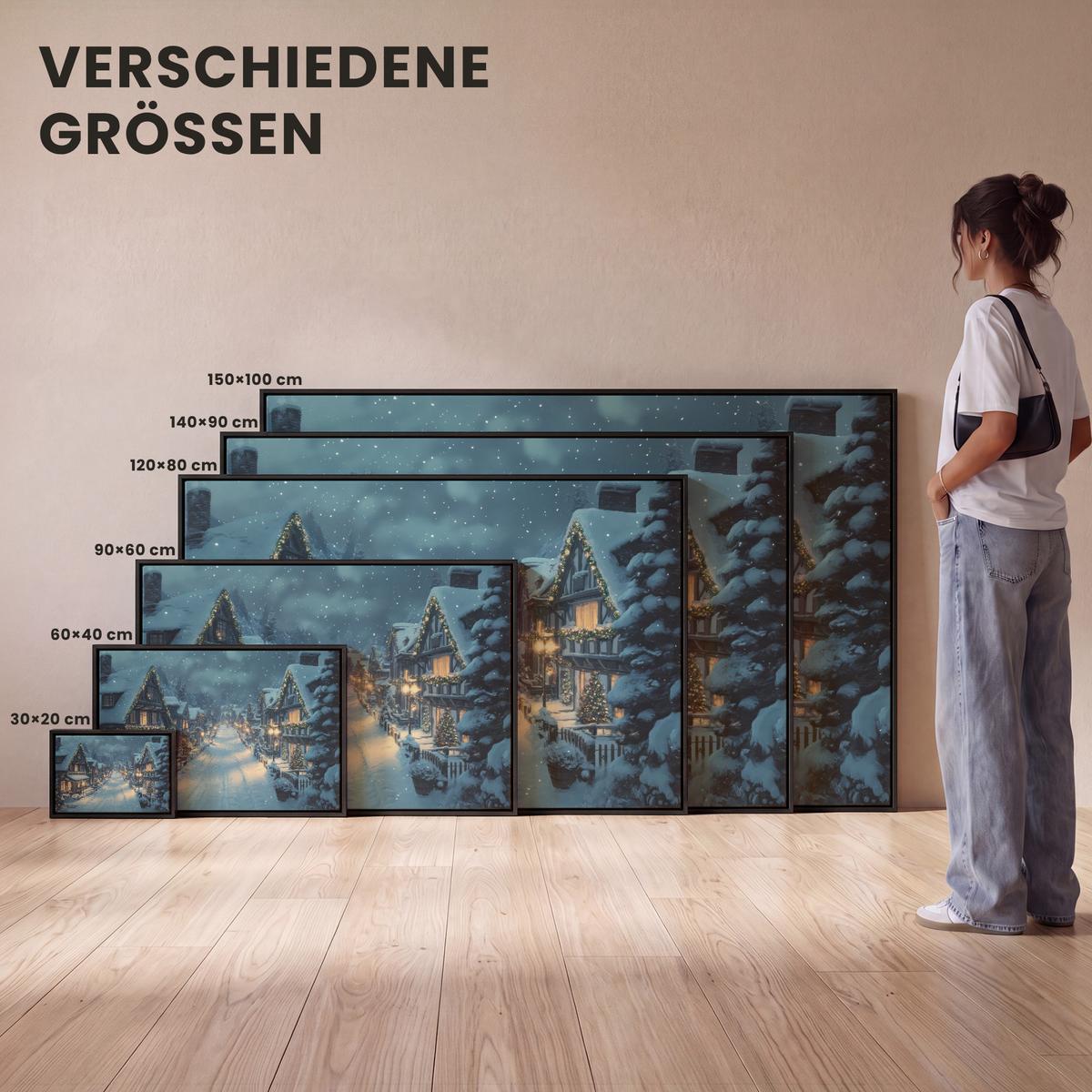 LEINWAND Bilder mit Rahmen - Weihnachtsdorf - Weihnachten - Schnee - Winter - 60x40 - Dunkelblau, Textil (60/40cm) - MuchoWow