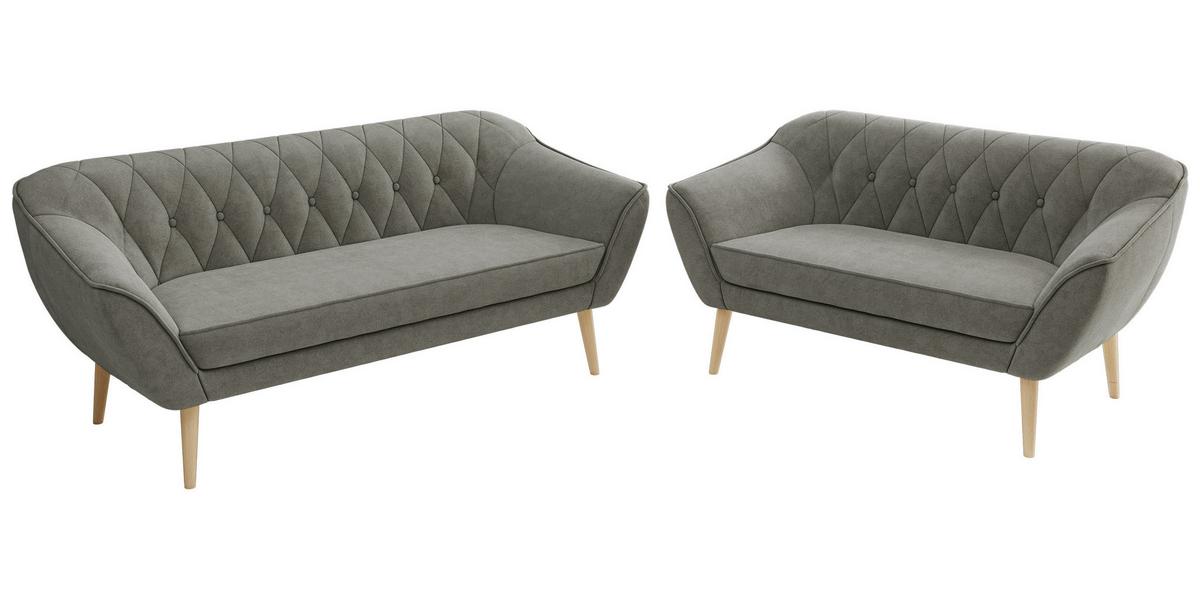 SITZGARNITUR PIRS 3+2 - Grau Strukture - Holzbeine - Platinfarben/Buchefarben, Holzwerkstoff/Textil (180/75/74cm) - MKS