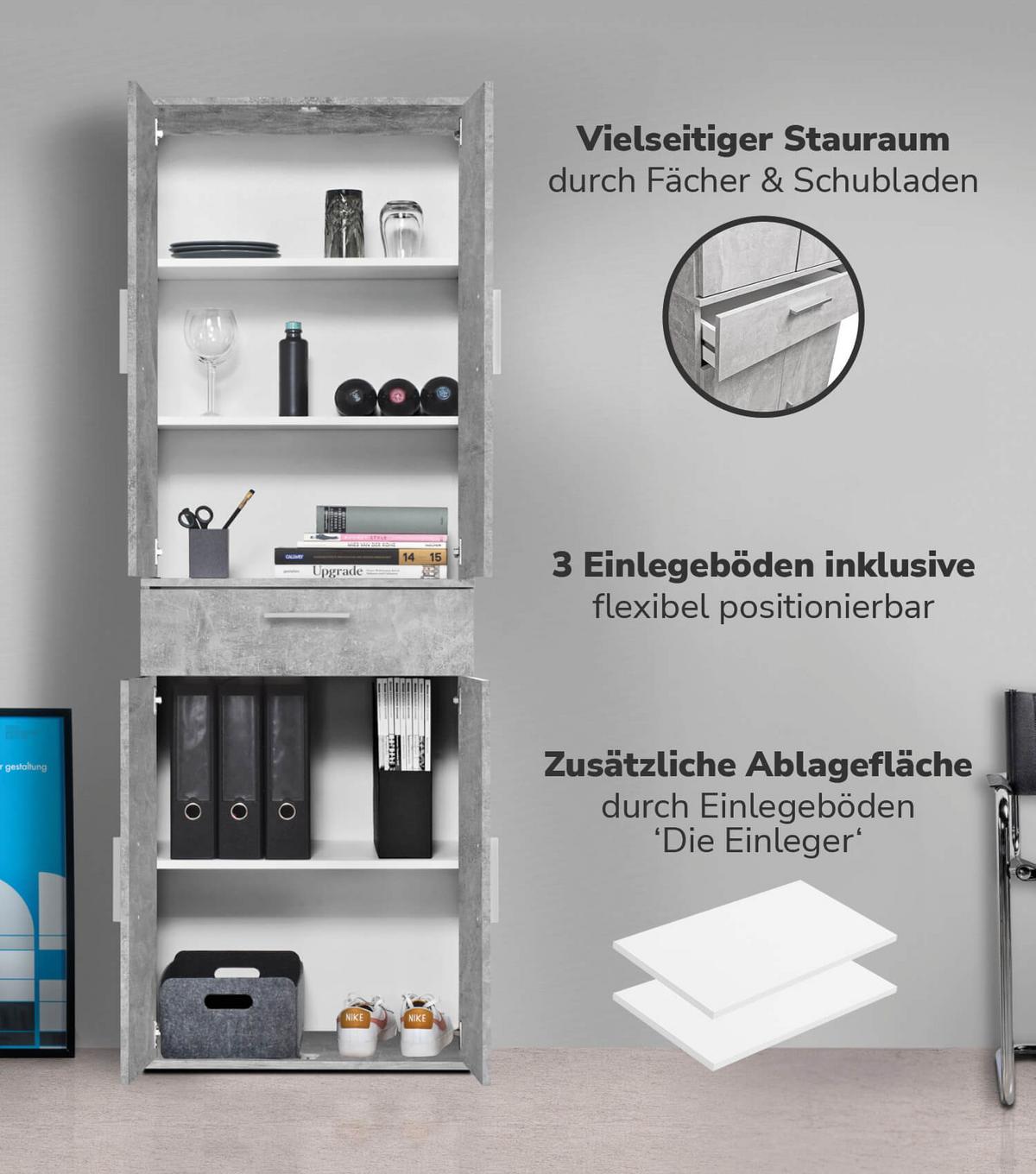 MEHRZWECKSCHRANK Der Praktische - Weiß/Grau, Holzwerkstoff (60/180/34cm) - Mokebo